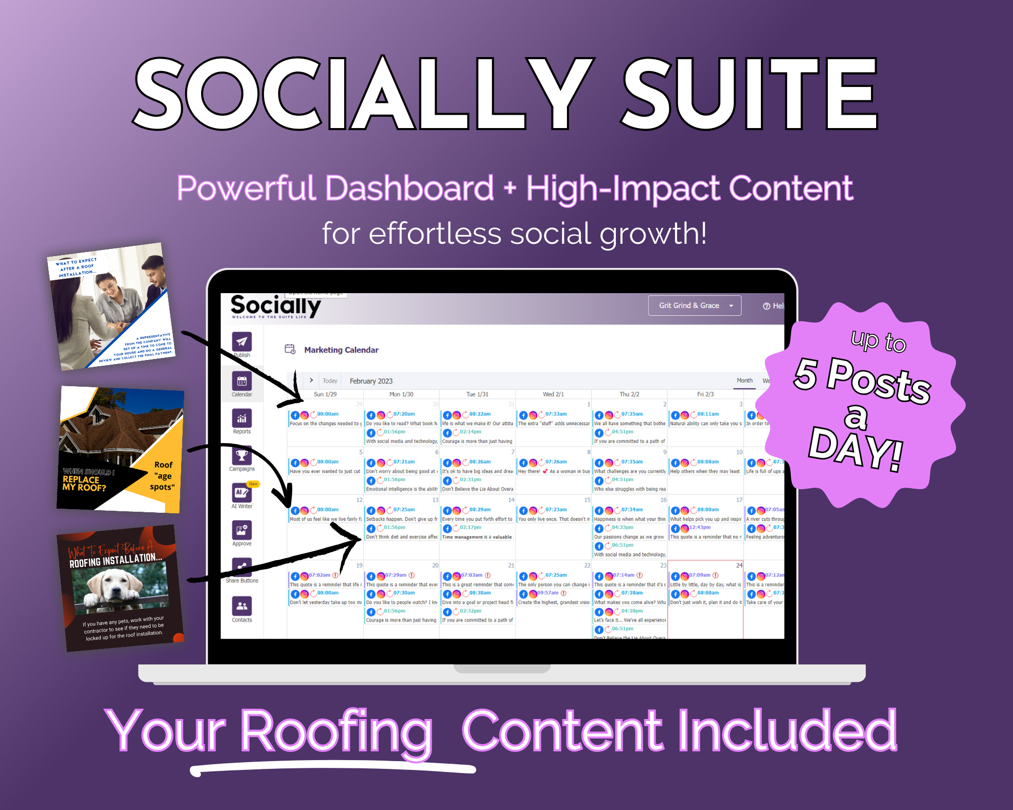 A promotional graphic for Get Socially Inclined's "Socially Suite Membership," a tool offering social media marketing services, including a content dashboard and content creation services, highlighting features such as a marketing calendar and roofing industry content, with a