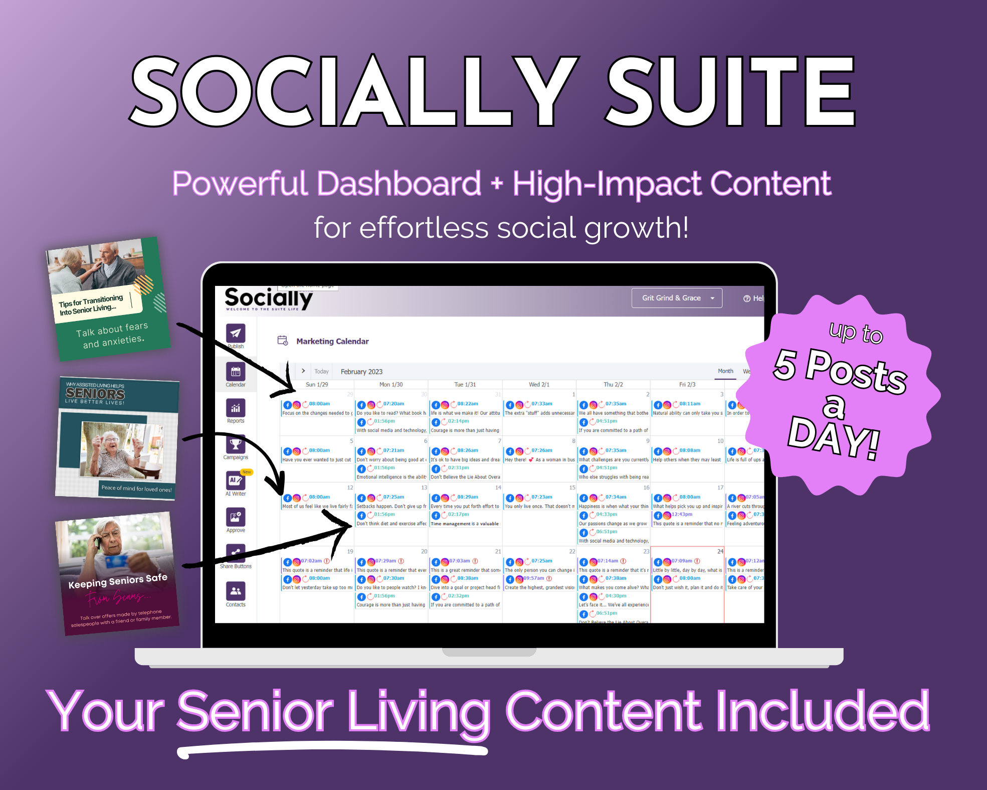 Promotional graphic for Get Socially Inclined's Socially Suite Membership, showcasing a social media marketing content dashboard tailored for senior living content with a promise of up to 5 posts a day.