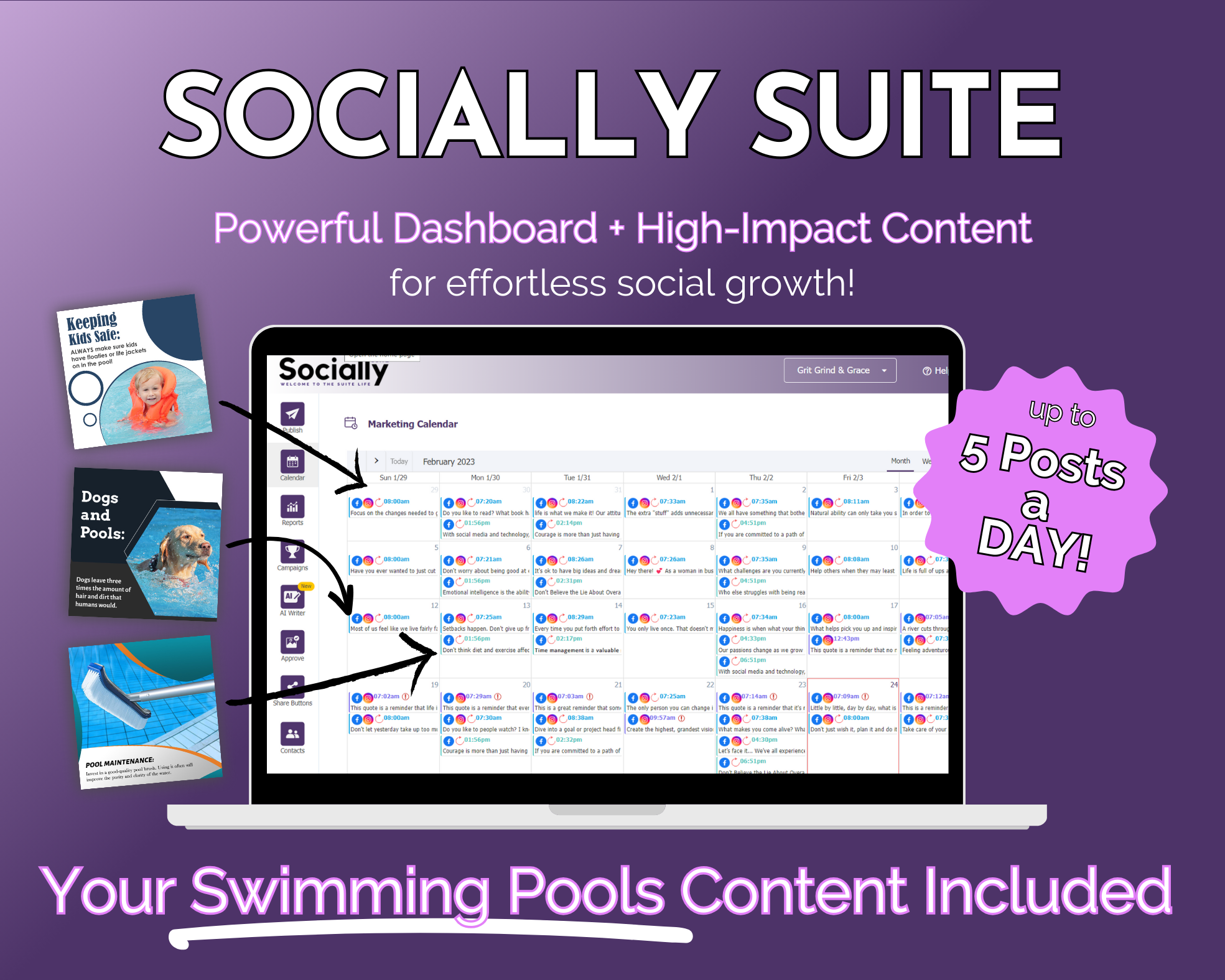 Promotional graphic for "Get Socially Inclined's Socially Suite Membership," highlighting a social media marketing and scheduling tool with a focus on swimming pool content.
