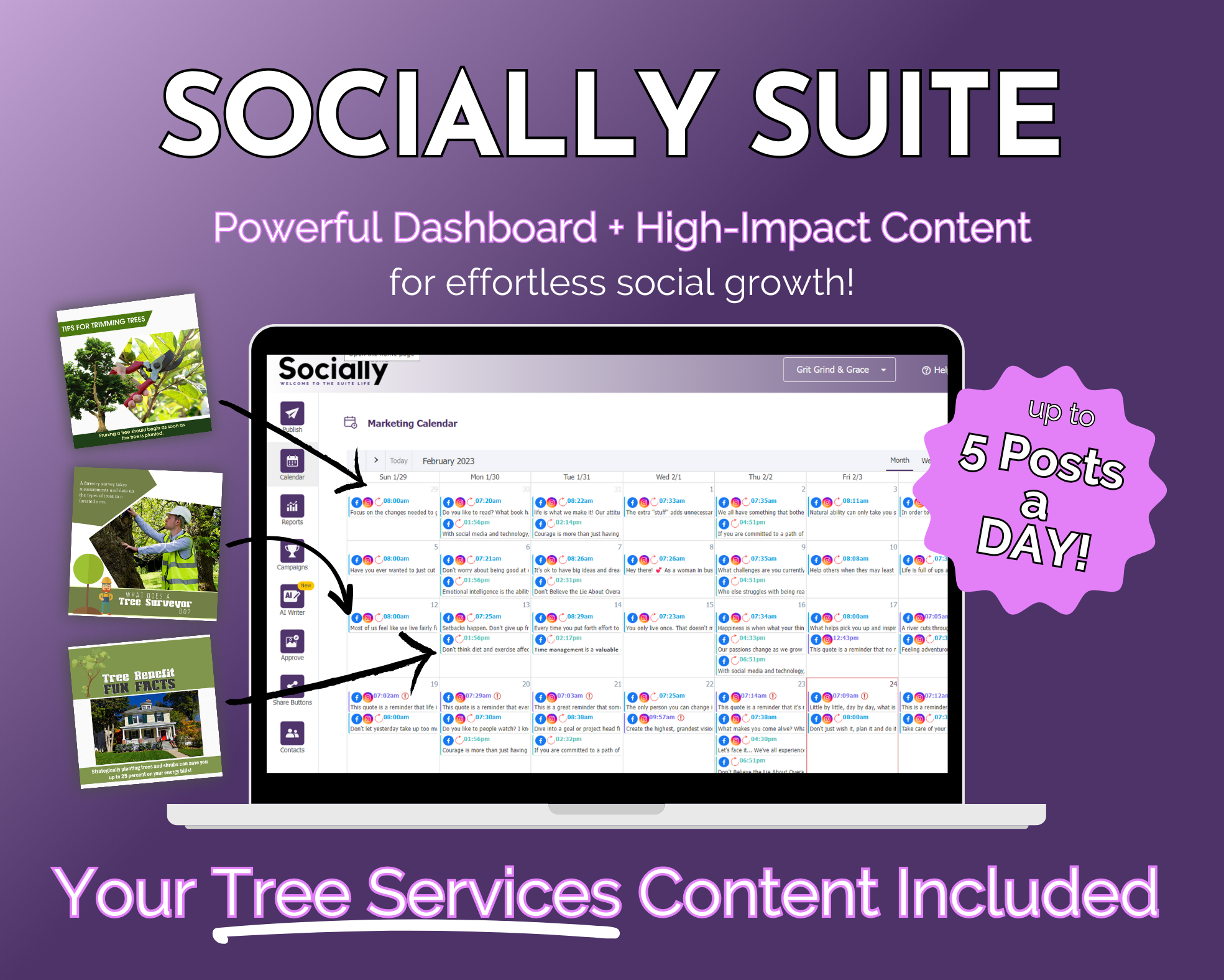 Promotional graphic for the "Socially Suite Membership" by Get Socially Inclined, a social media marketing tool highlighting a powerful content dashboard with pre-included tree service content, capable of managing up to 5 posts a day.