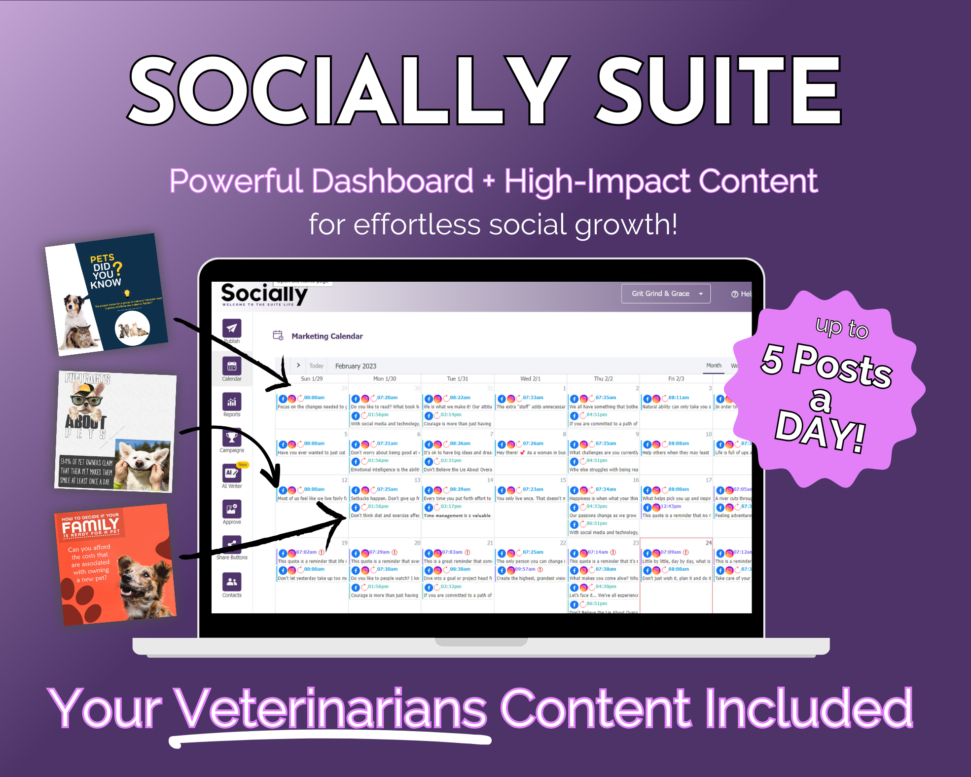 Get Socially Inclined's Socially Suite Membership promotional graphic highlighting features like powerful content dashboard, high-impact content, and up to 5 posts a day for veterinarians to enhance their online presence.