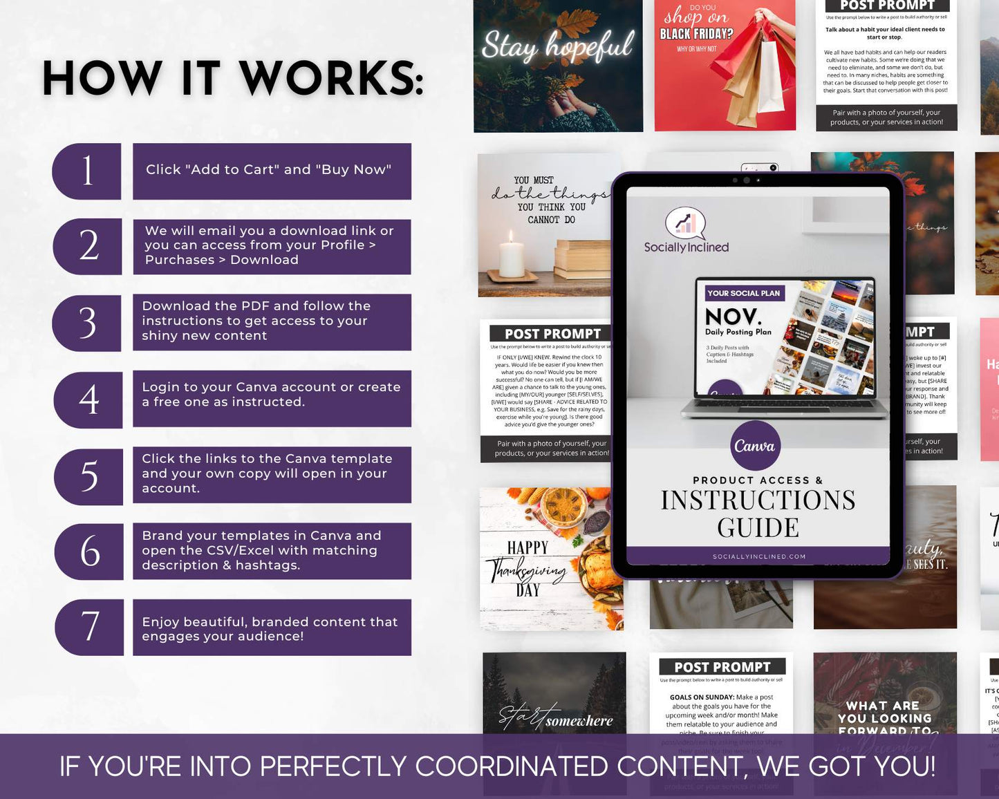 Instructional graphic showing how to access and use Canva templates from Get Socially Inclined’s November Daily Posting Plan – Your Social Plan, over a background of November social media posts and content creation ideas.