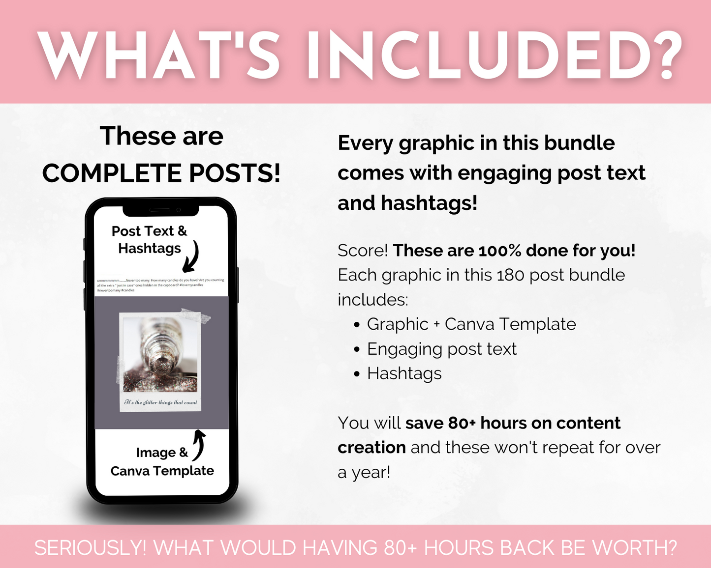 Promotional graphic titled "WHAT'S INCLUDED?" highlighting that the Nail Care & Nail Art Social Media Post Bundle with Canva Templates from Socially Inclined offers complete posts with images, Canva templates, engaging post text, and hashtagsβperfect for nail studio owners.