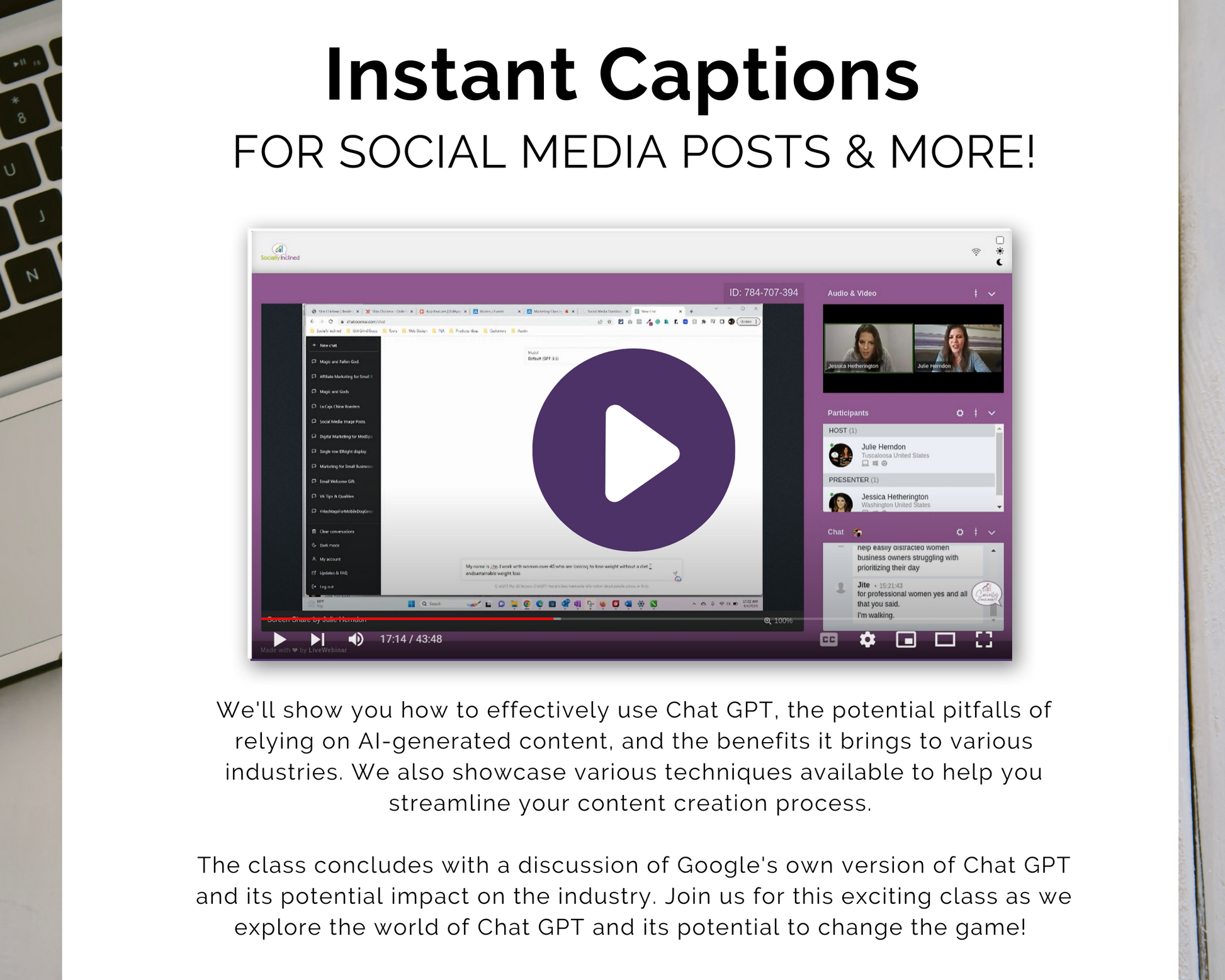 Visit our webpage to access a video tutorial from Get Socially Inclined, titled "Chat GPT Marketing 101: The Essential Course for Small Business Owners." This guide is perfect for small business owners and includes effective marketing strategies to enhance your social media content creation and boost your brand's online presence.