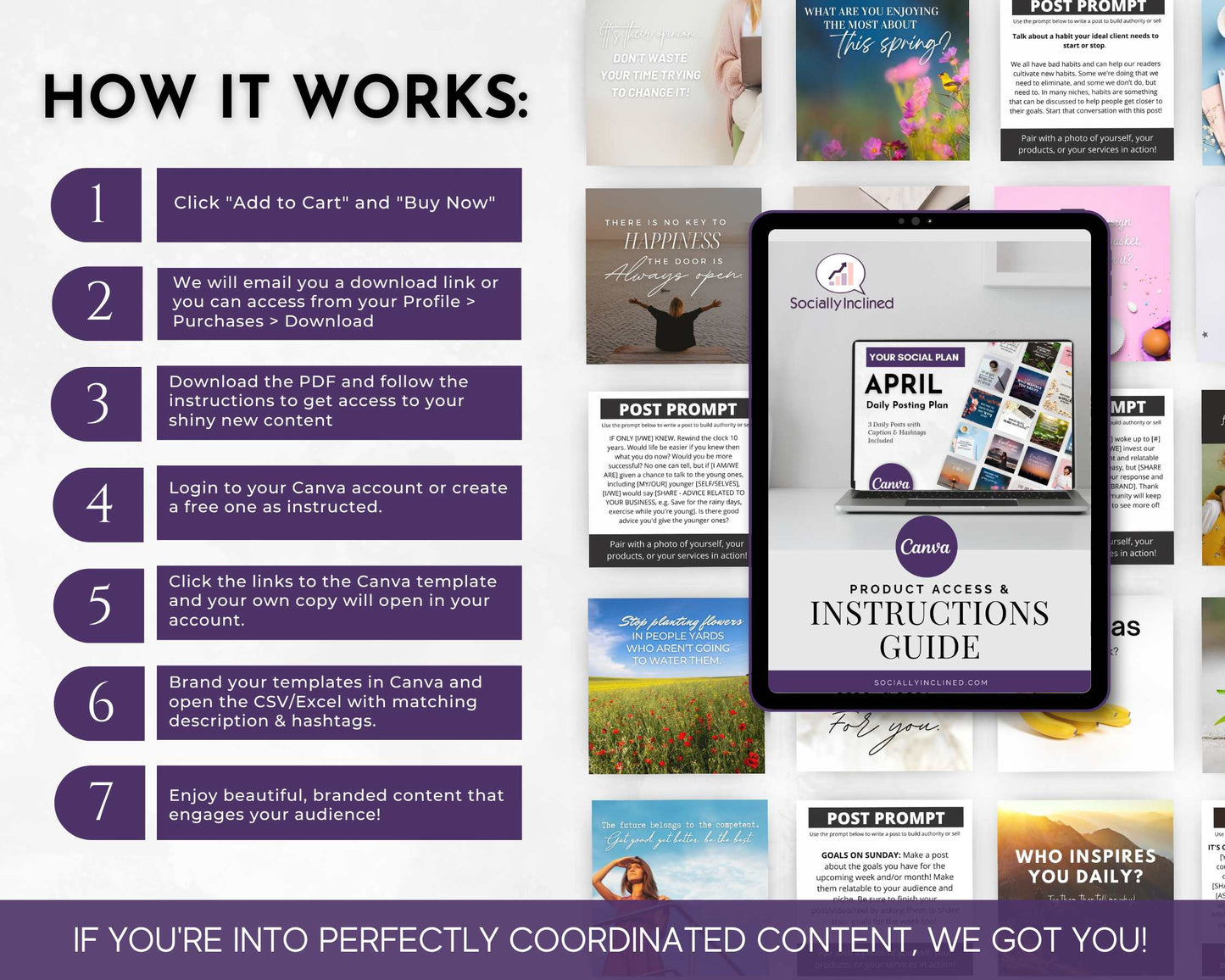 The image displays a guide on obtaining and using Canva templates, accompanied by design examples. Steps include purchasing, downloading, logging into Canva, editing, and personalizing content—perfect for enhancing engagement with the April Daily Posting Plan from Get Socially Inclined.