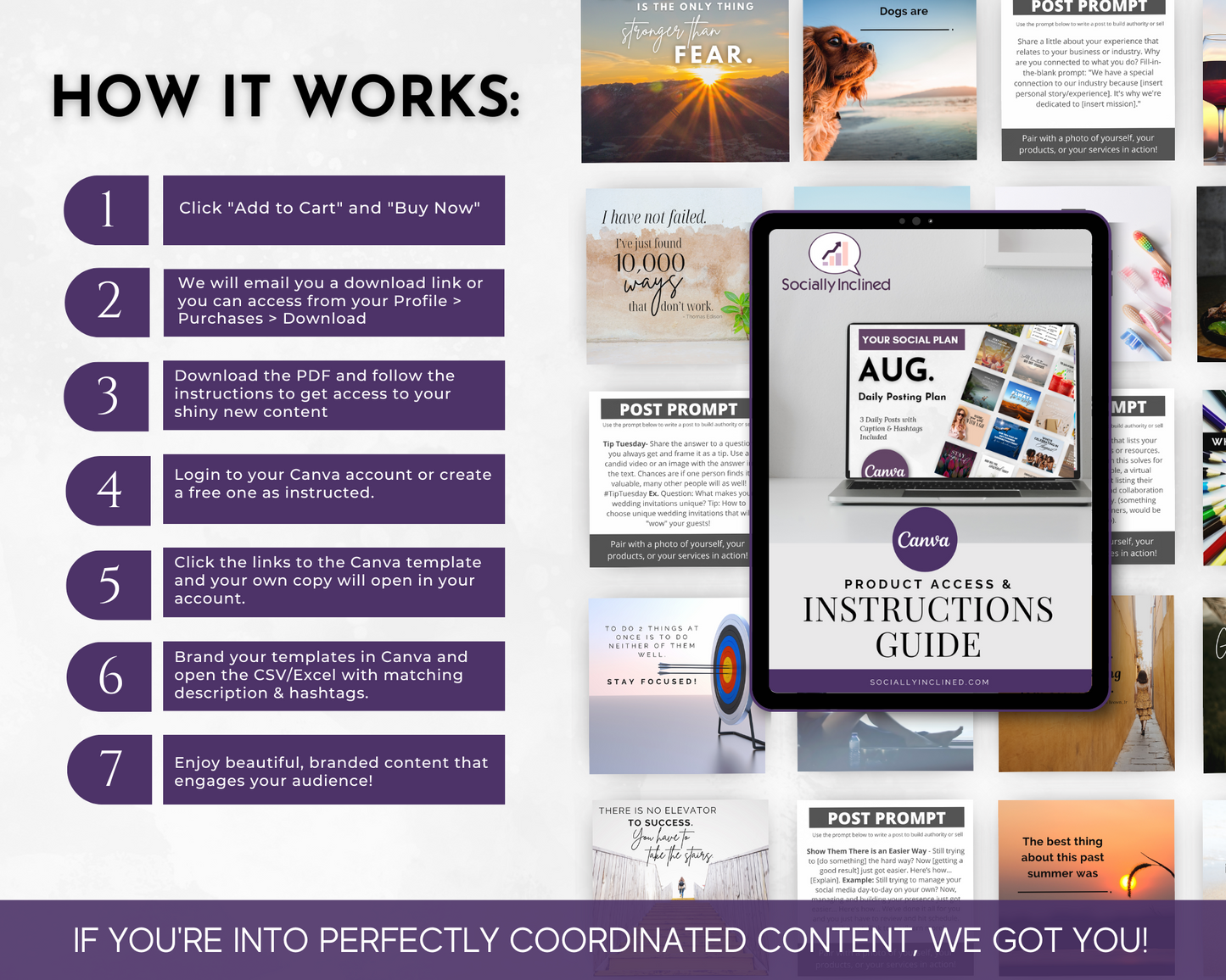 Instructional graphic showing how to access and use the AUGUST Daily Posting Plan - Your Social Plan template by Get Socially Inclined, with numbered steps and a sample guide cover surrounded by posting ideas for boosting social media engagement.