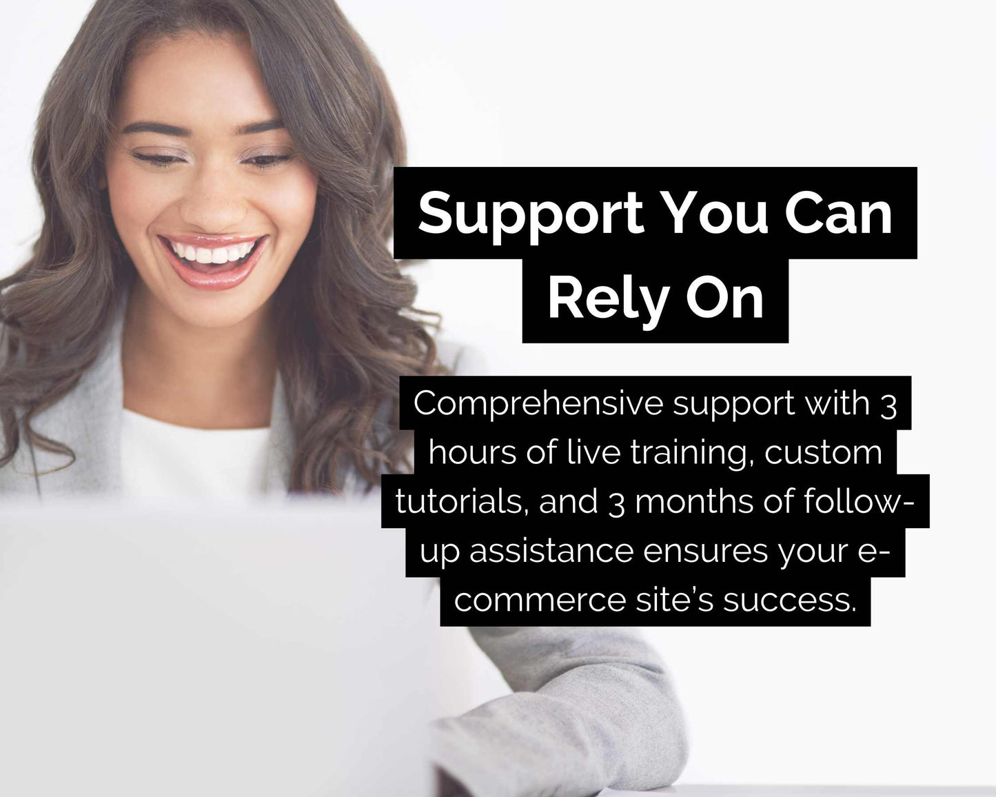 A smiling person uses a laptop, with text surrounding them emphasizing the extensive e-commerce support offered by the Premium E-Commerce Website Design Package. Provided by Socially Inclined, this package features live training and follow-up assistance, along with expert guidance on designing e-commerce websites to ensure mobile optimization and digital marketplace success.