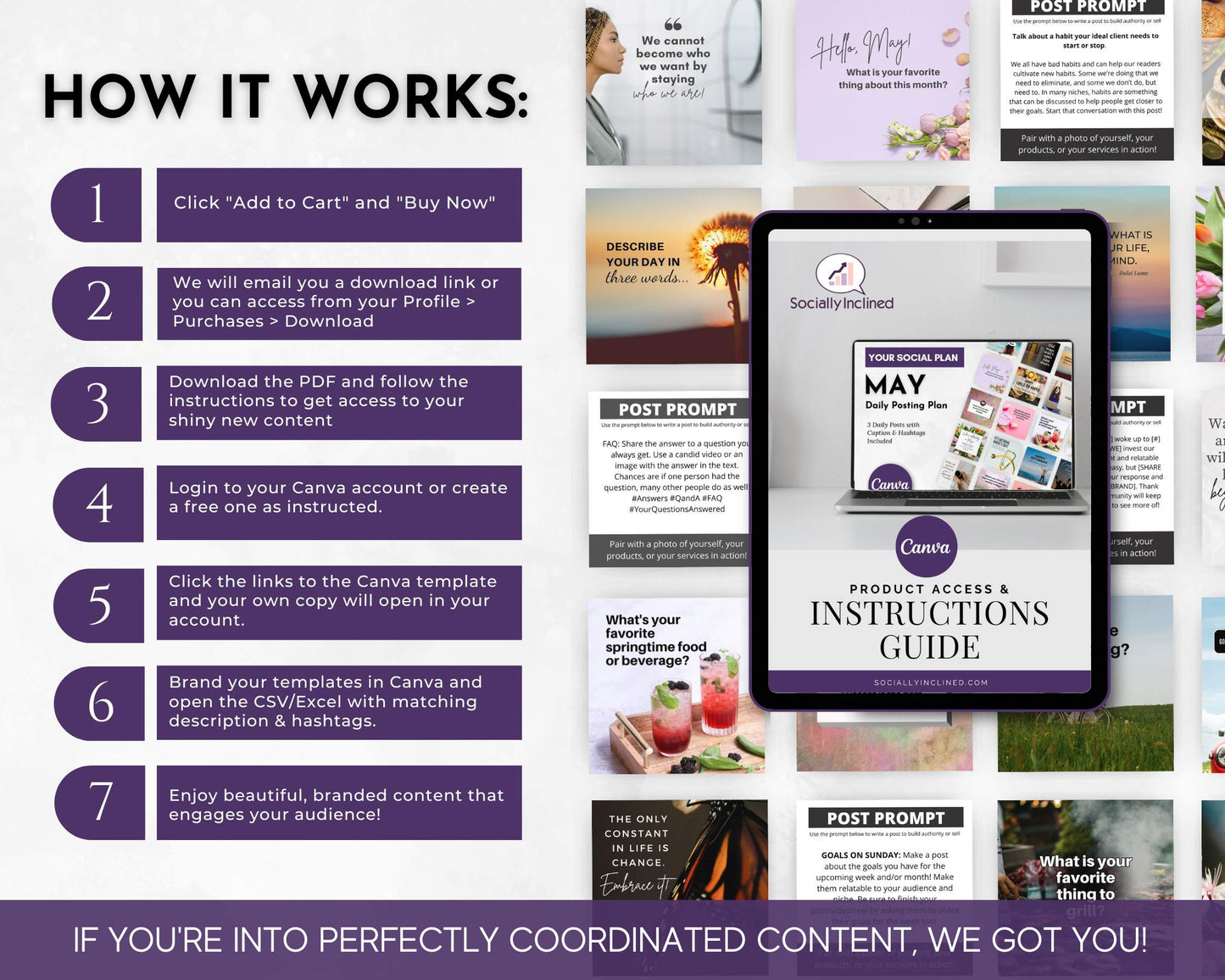 Check out our guide for the May Daily Posting Plan by Get Socially Inclined. Steps include purchasing, email access, downloading PDFs, and creating content to enhance social media engagement. Enjoy pre-made content that boosts branding with custom Canva designs.