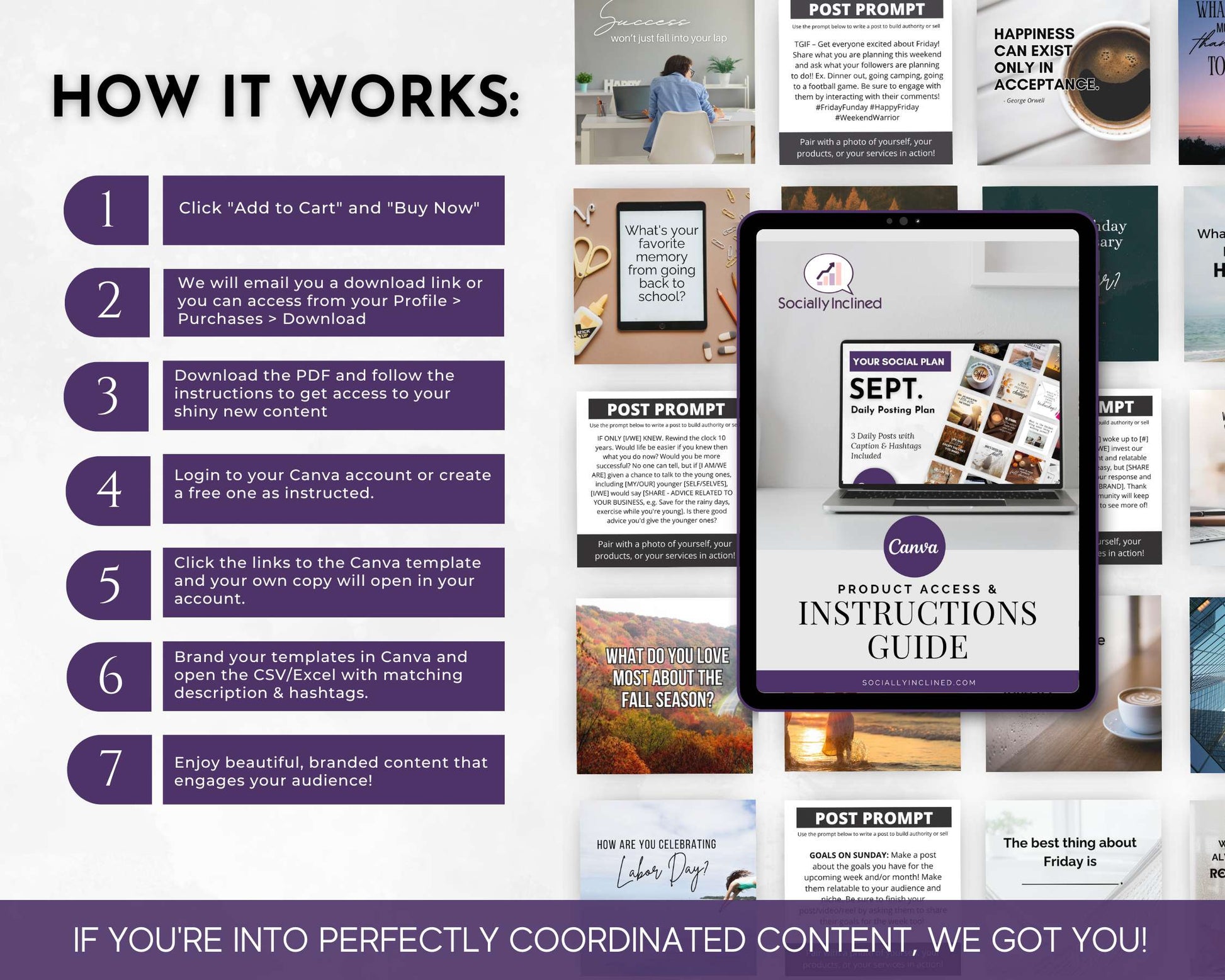 Step-by-step guide on how to use a September content plan with images of a tablet and printed materials.