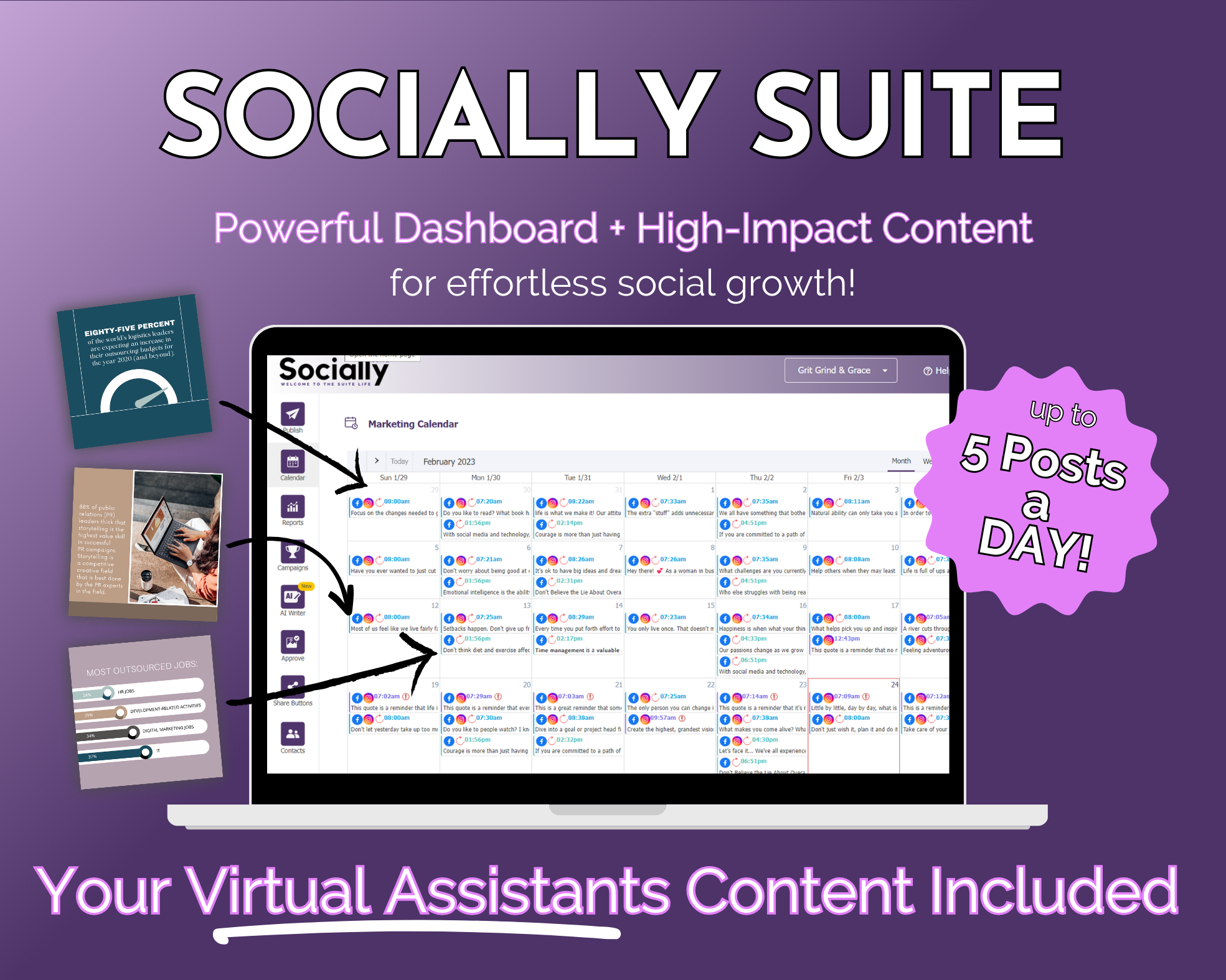 Promotional graphic for the "Get Socially Inclined Socially Suite Membership" highlighting features like a powerful content dashboard, high-impact content, and the ability to post up to 5 times a day.