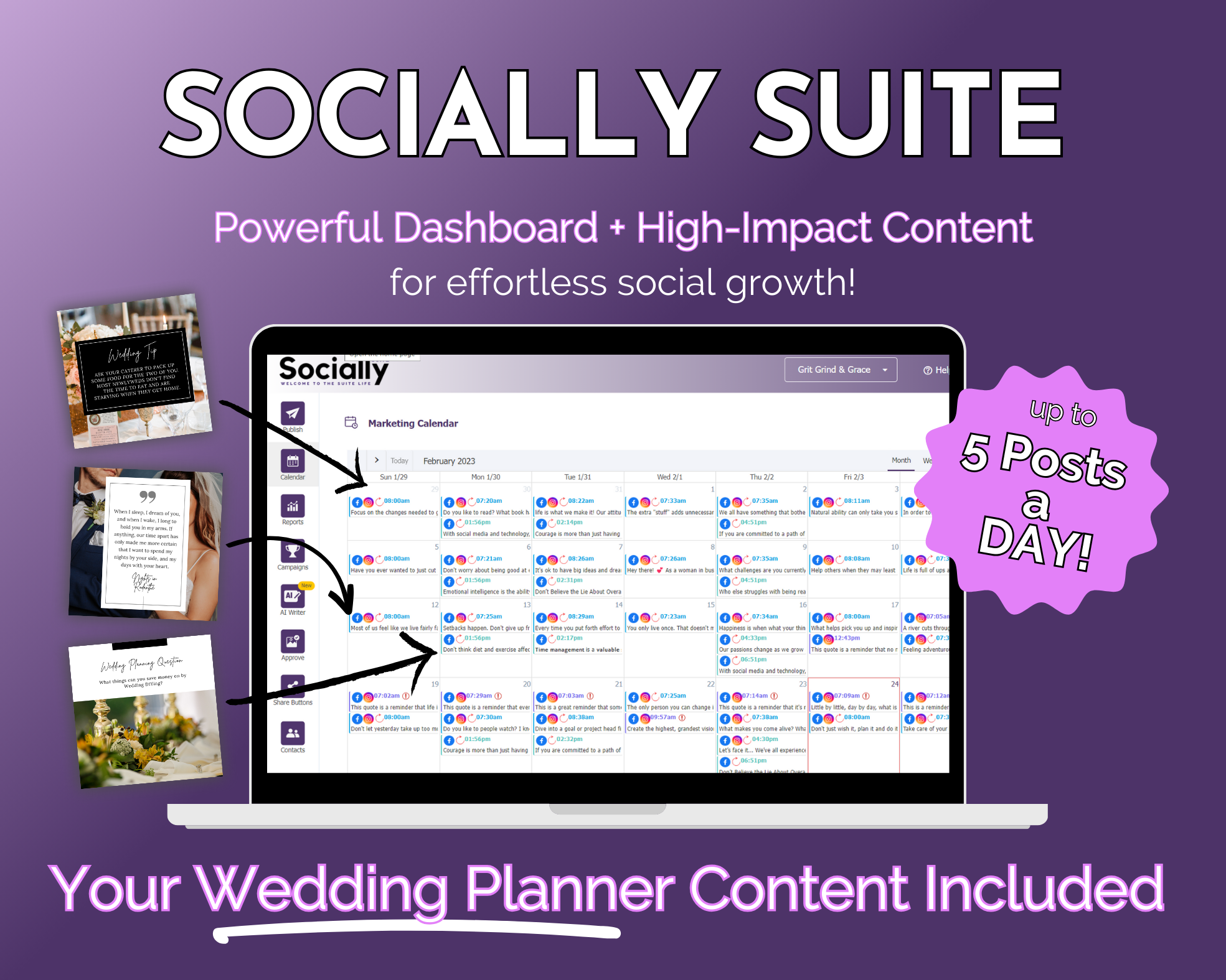 Promotional graphic for "Get Socially Inclined's Socially Suite Membership," featuring a content dashboard tailored to social media marketing with a focus on wedding planner online presence, highlighting the capability to schedule up to 5 posts a day.