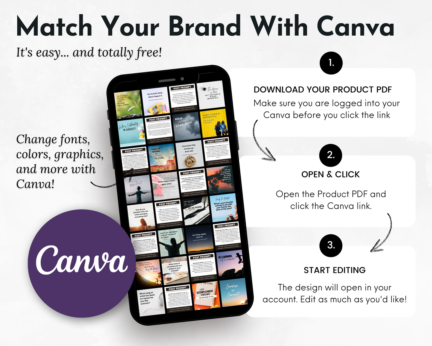 A smartphone shows Get Socially Inclined's AUGUST Daily Posting Plan with the Canva logo, plus easy instructions to download, open, and edit the product PDF in Canva—ideal for boosting your social media presence.