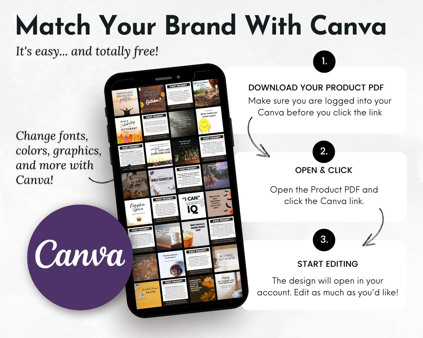 A smartphone displays Canva templates from the “October Daily Posting Plan - Your Social Plan” by Get Socially Inclined. Instructions show how to use the product PDF in Canva. The Canva logo appears at bottom left—ideal for daily posting!.