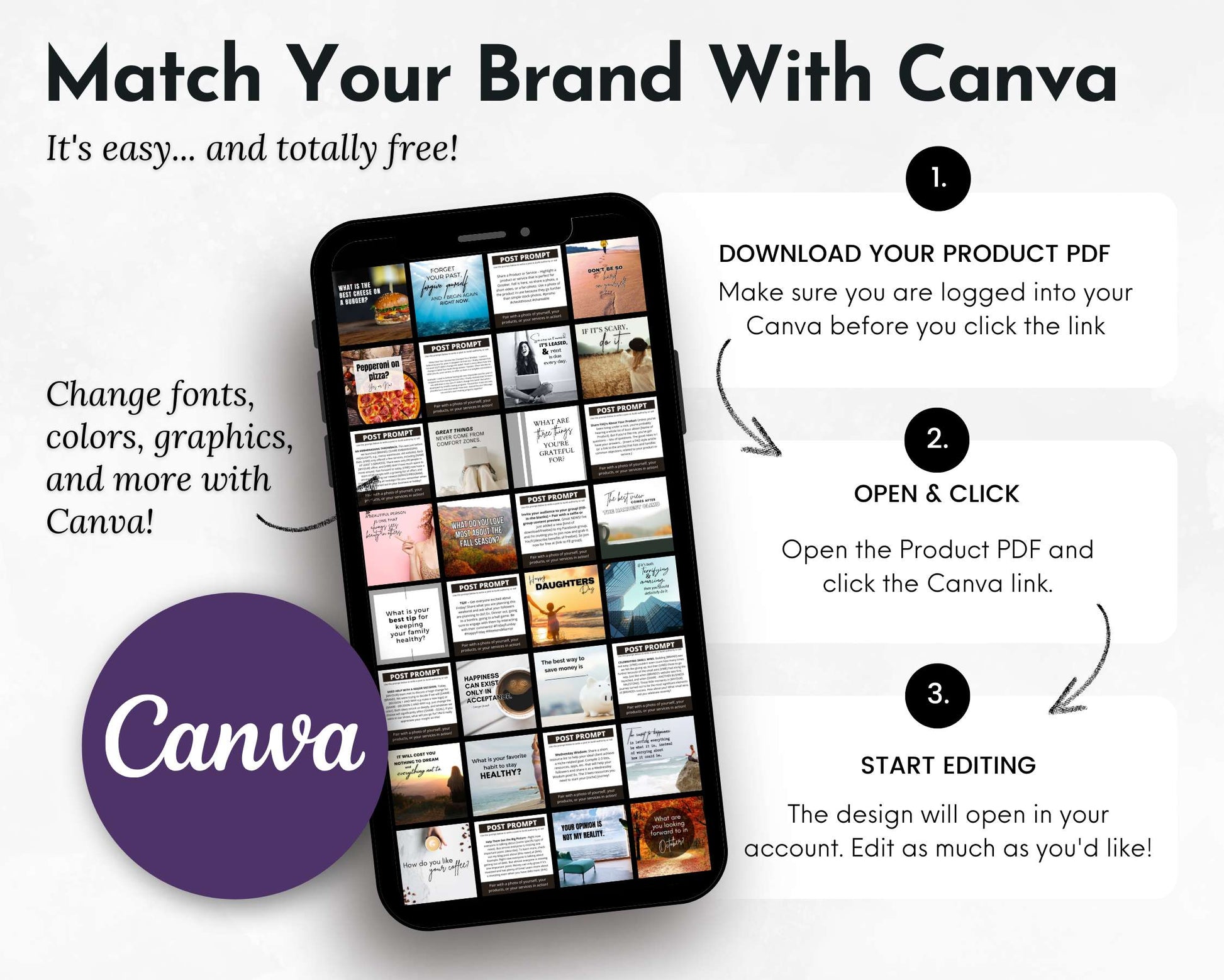 Phone displaying Canva design templates with a step-by-step guide on how to use it.