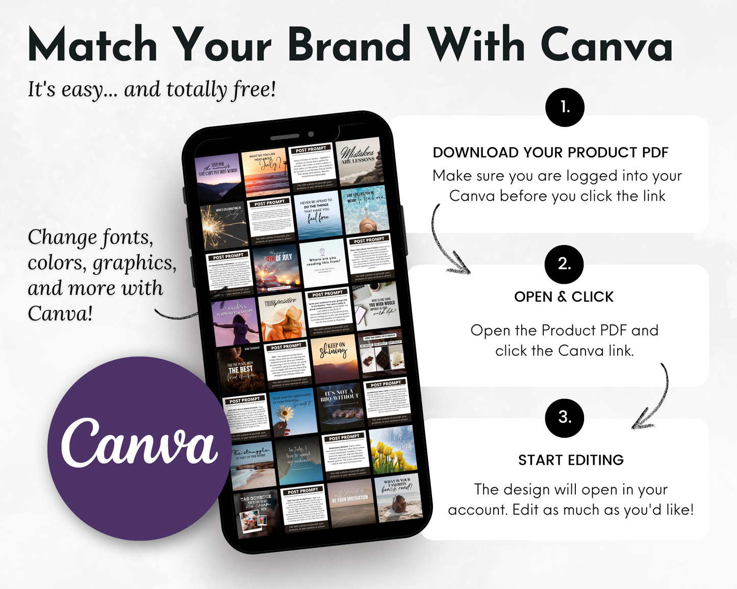 A smartphone displays the July Daily Posting Plan - Your Social Plan by Get Socially Inclined in Canva, showing how to download, open, and edit PDFs—ideal for planning your July content or social media. Canva logo and text appear on a light background.