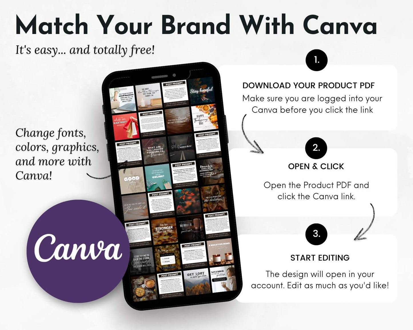 A phone displays a grid of "November Daily Posting Plan - Your Social Plan" PDF templates by Get Socially Inclined. Text shows how to use Canva to edit posts: download, open & click, then start editing. Canva logo included.