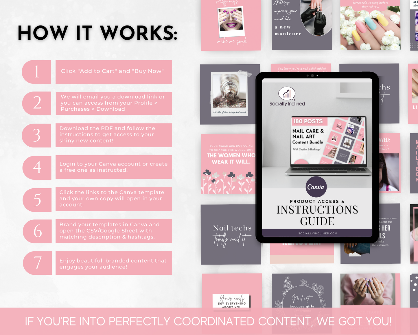 An instructional guide displays steps for accessing Canva templates, including adding to cart, downloading a PDF file, and creating designs. Perfect for nail studio owners, the guide is surrounded by various pink-themed nail care graphics from our Nail Care & Nail Art Social Media Post Bundle with Canva Templates by Socially Inclined.