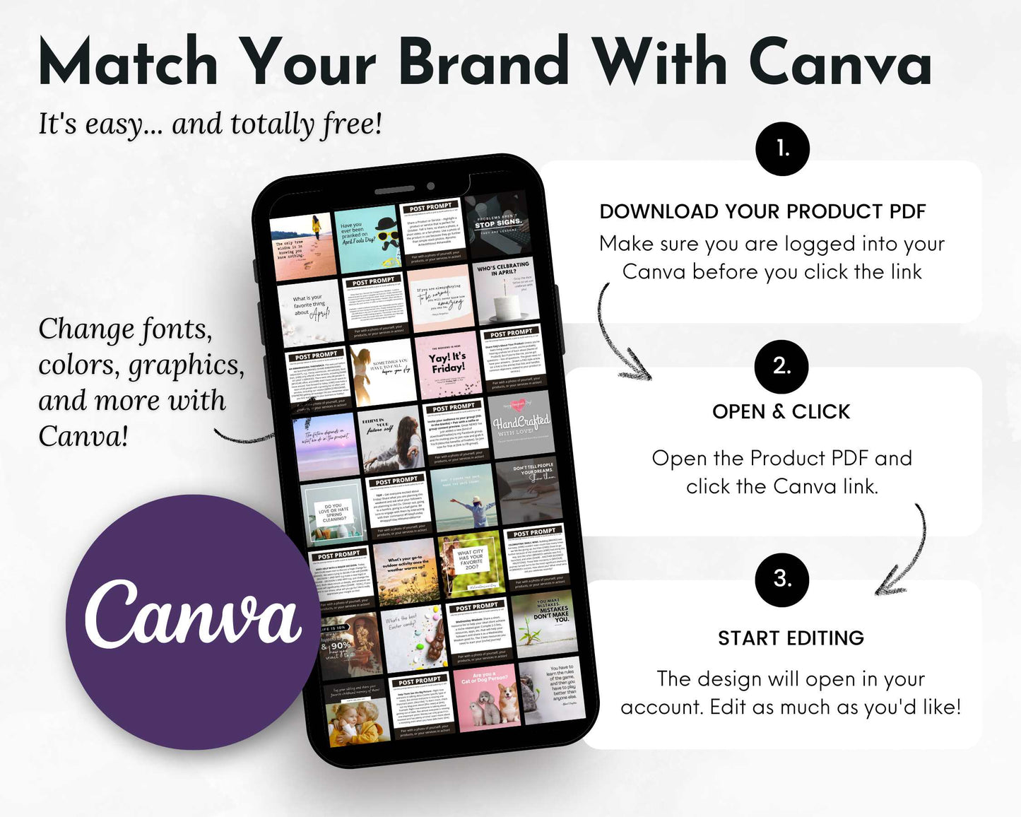 A phone displays templates with text guiding users to download, open, and edit the April Daily Posting Plan PDF in Canva. It features the Canva logo, customization notes, and tips from Get Socially Inclined for creating engaging April social media content.