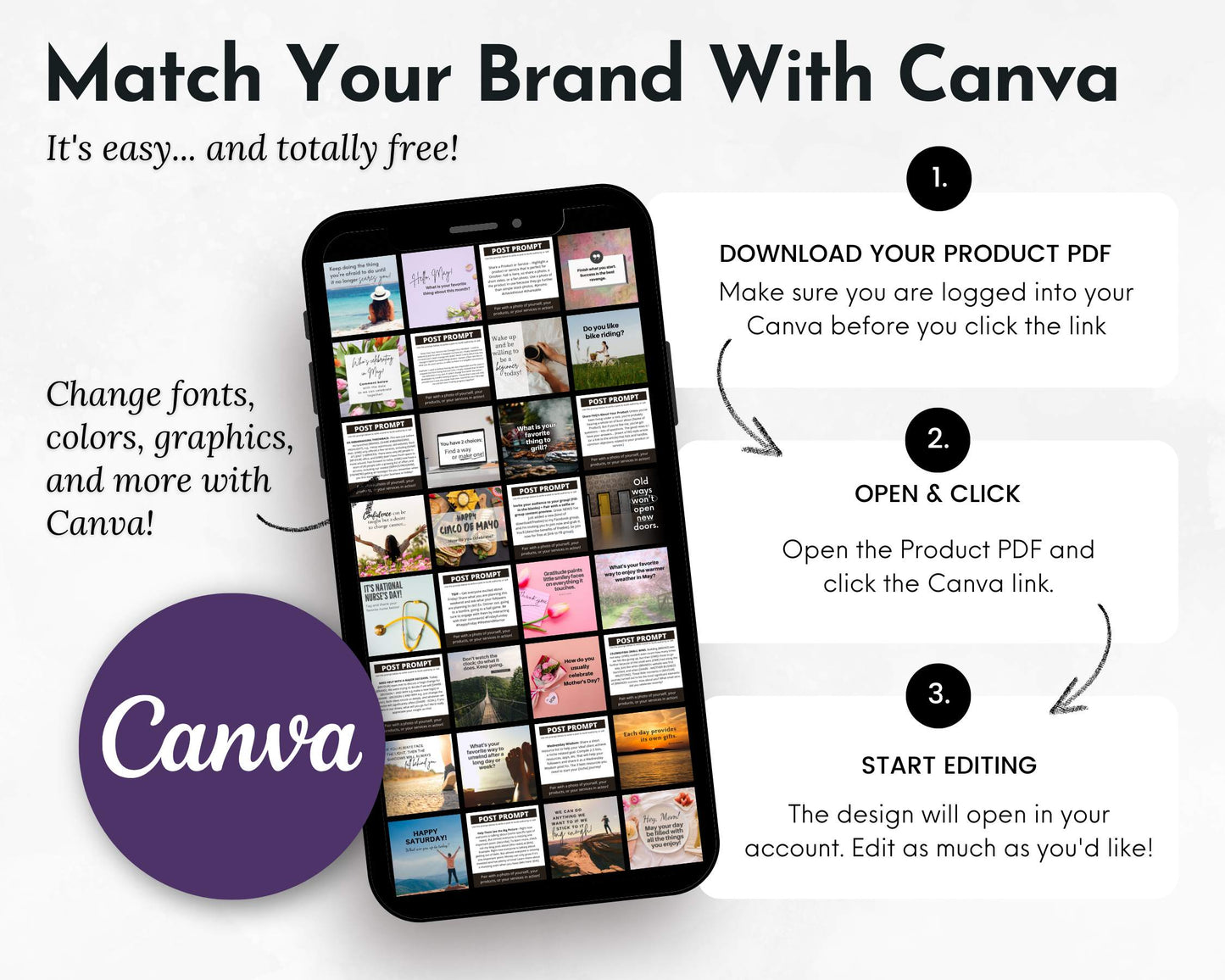 The May Daily Posting Plan by Get Socially Inclined displays a PDF with Canva templates and a Social Media Engagement guide. To use: 1. Download the PDF, 2. Open it and click the Canva link, 3. Edit instantly. The Canva logo is prominently featured for quick recognition.