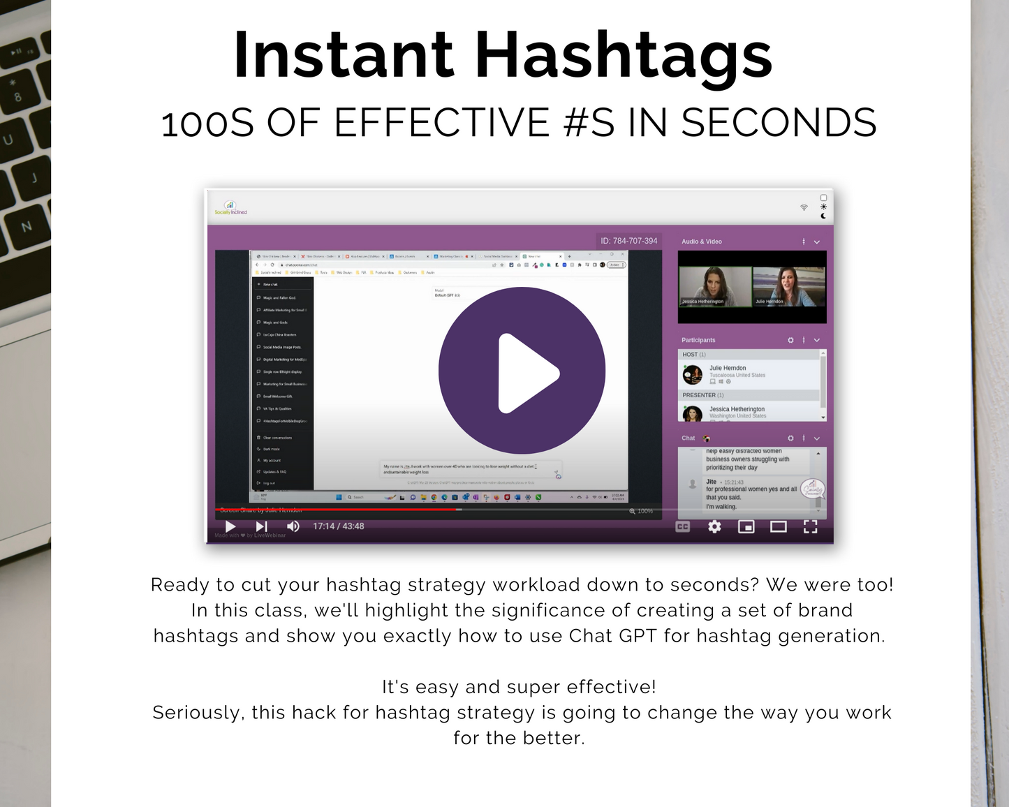 Screenshot of a video tutorial titled "Chat GPT Marketing 101: The Essential Course for Small Business Owners," by Get Socially Inclined, demonstrating how small business owners can efficiently create impactful hashtags. The text highlights the ease, effectiveness, and relevance to modern marketing strategies.
