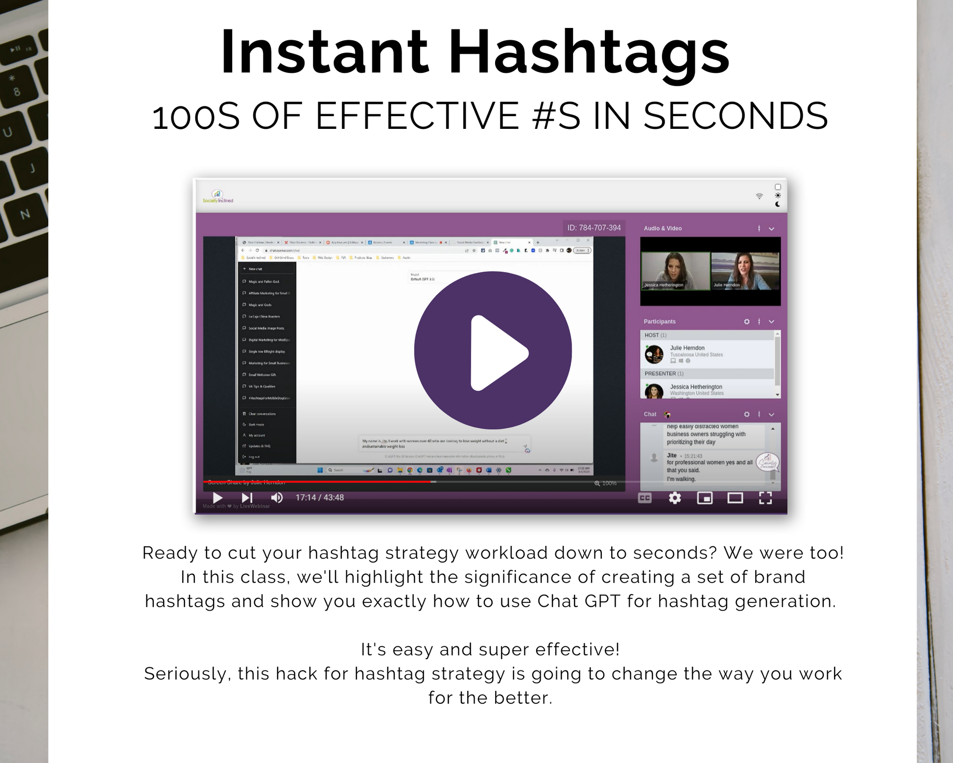 Screenshot of a video tutorial titled "Chat GPT Marketing 101: The Essential Course for Small Business Owners," by Get Socially Inclined, demonstrating how small business owners can efficiently create impactful hashtags. The text highlights the ease, effectiveness, and relevance to modern marketing strategies.
