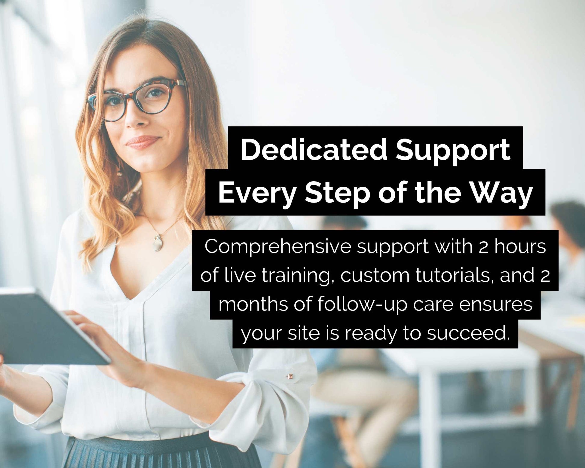 A woman holds a tablet displaying the Advanced Website Design Package by Socially Inclined, featuring dedicated support, live training, custom tutorials, and follow-up care for successful site preparation—all crafted to ensure your mobile-friendly website thrives.