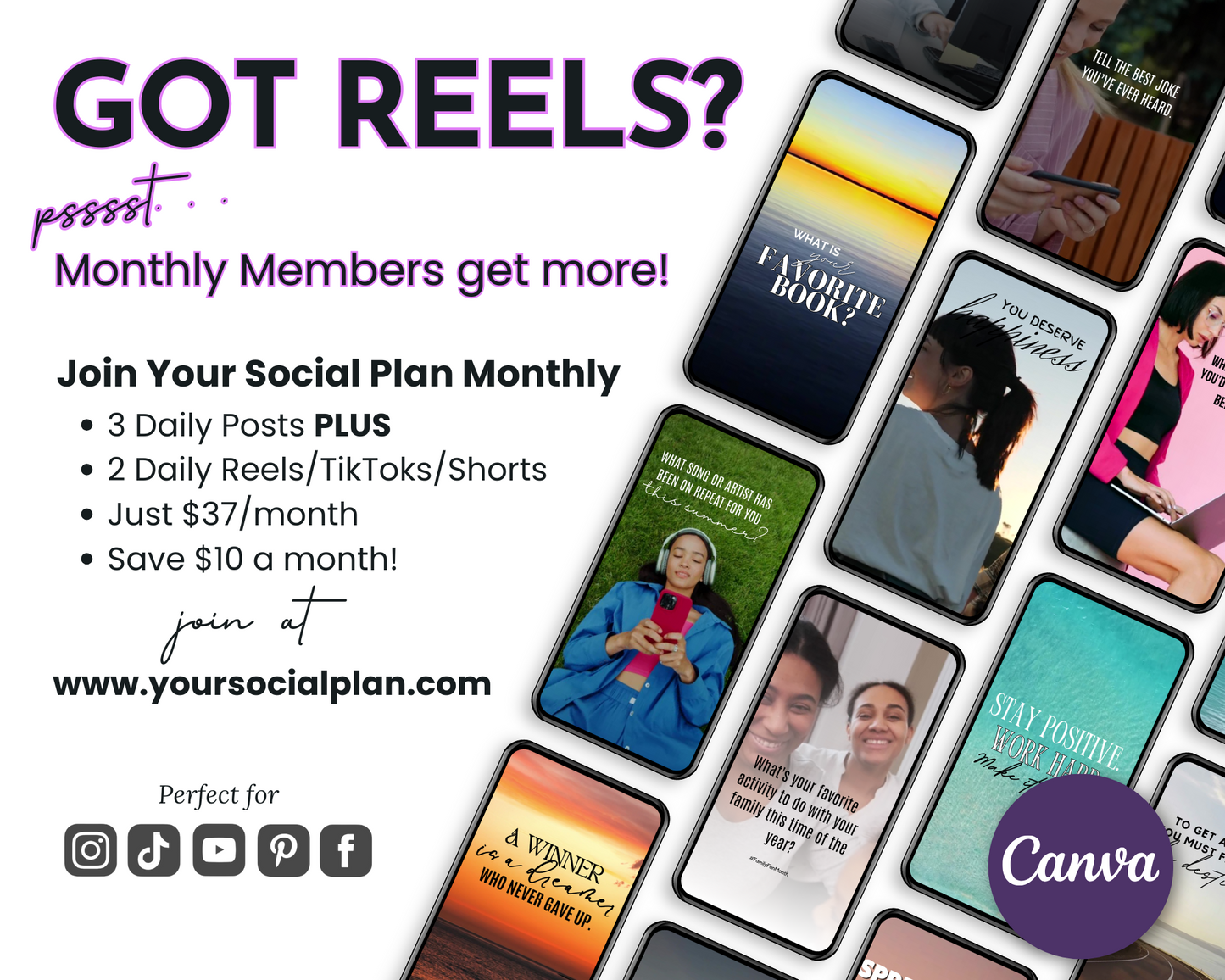 A promotional graphic for Get Socially Inclined’s AUGUST Daily Posting Plan - Your Social Plan, showing multiple phone screens with social media posts and text about a daily posting subscription. Canva logo included.