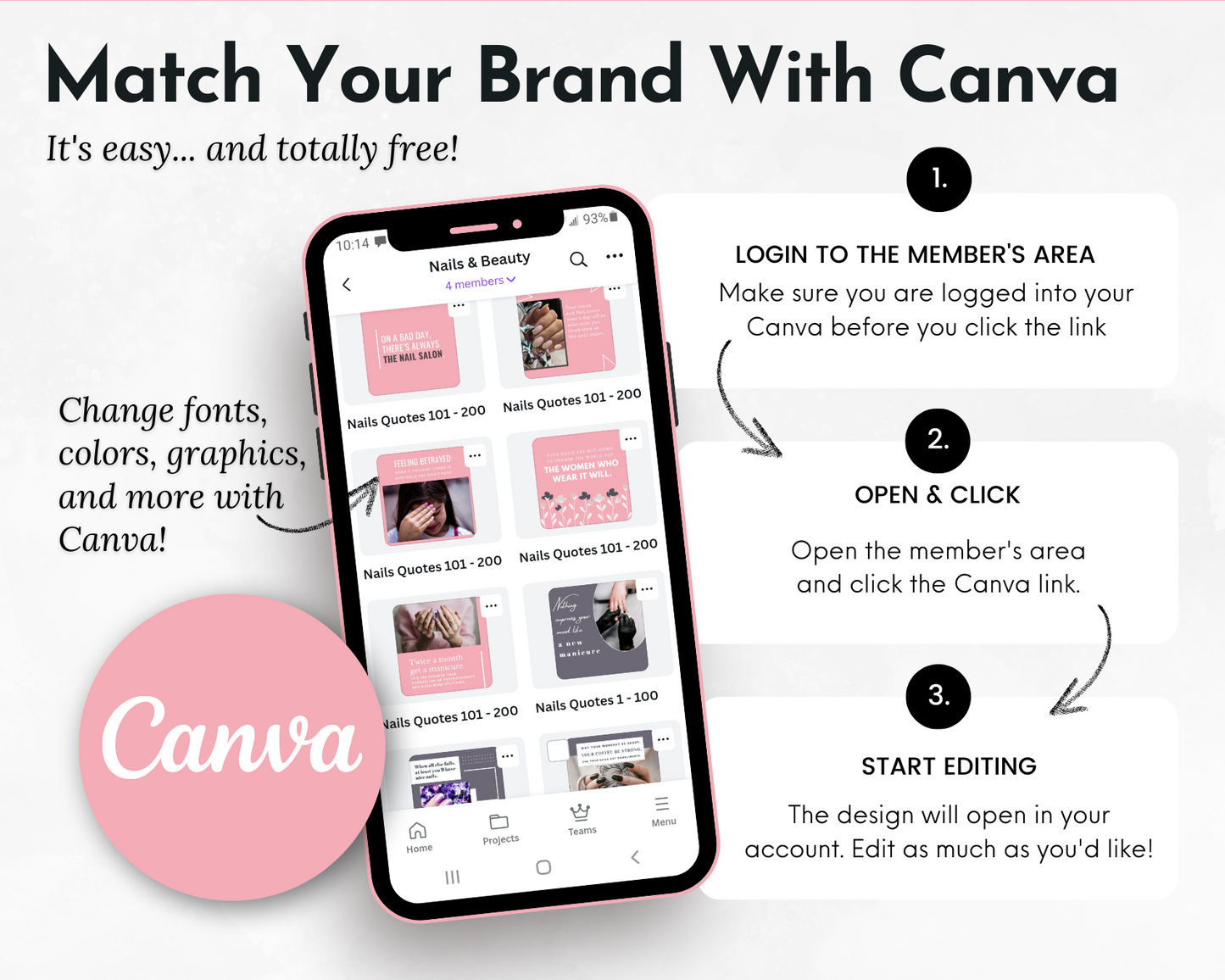 Phone displaying Canva interface with instructions to login, open a design, and start editing. Text highlights ease of use, options to change fonts, colors, and graphics, and emphasizes that it's free. Perfect for nail studio owners utilizing Socially Inclined templates like the Nail Care & Nail Art Social Media Post Bundle with Canva Templates.