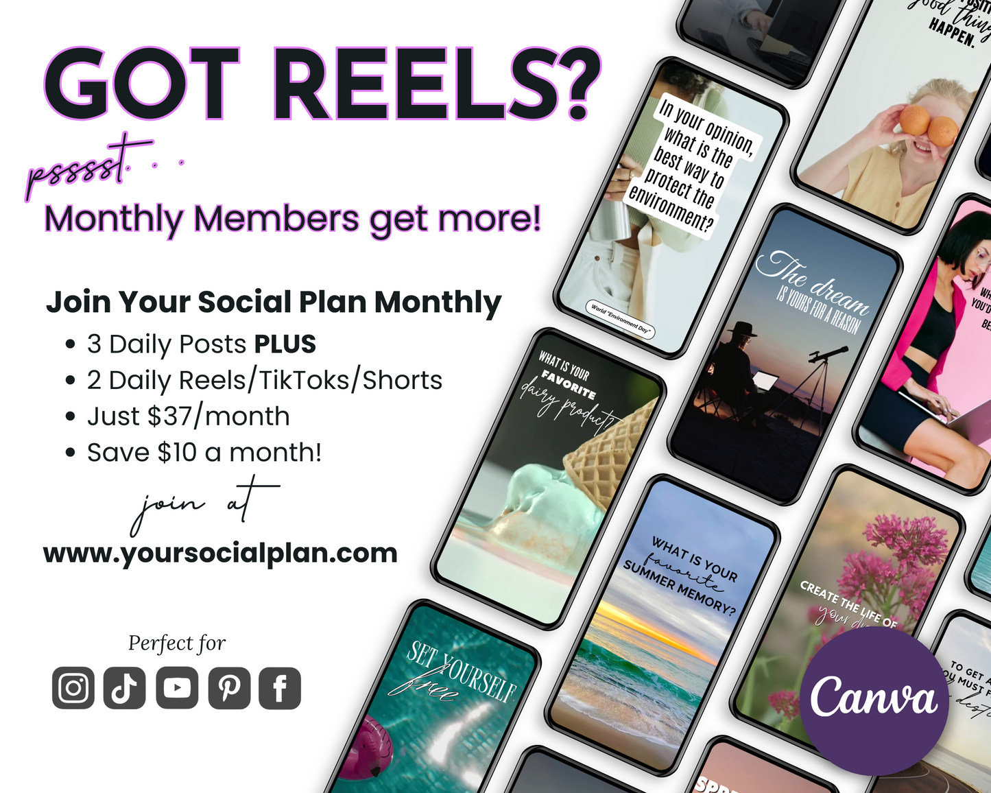 Promotional graphic for "July Daily Posting Plan – Your Social Plan" by Get Socially Inclined, featuring phones with inspirational posts, engagement tips, pricing info, Canva branding, plus social icons and the website link at the bottom.