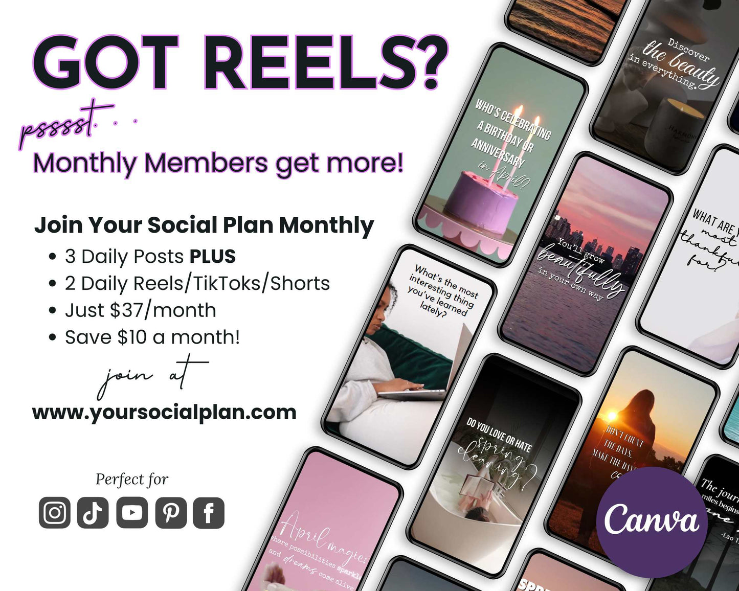 Mobile devices feature inspirational april quotes and reels highlighting the April Daily Posting Plan by Get Socially Inclined, offering daily posts and reels for just $37/month—save $10! Boost engagement with strategic content, with website and social media icons prominently displayed.