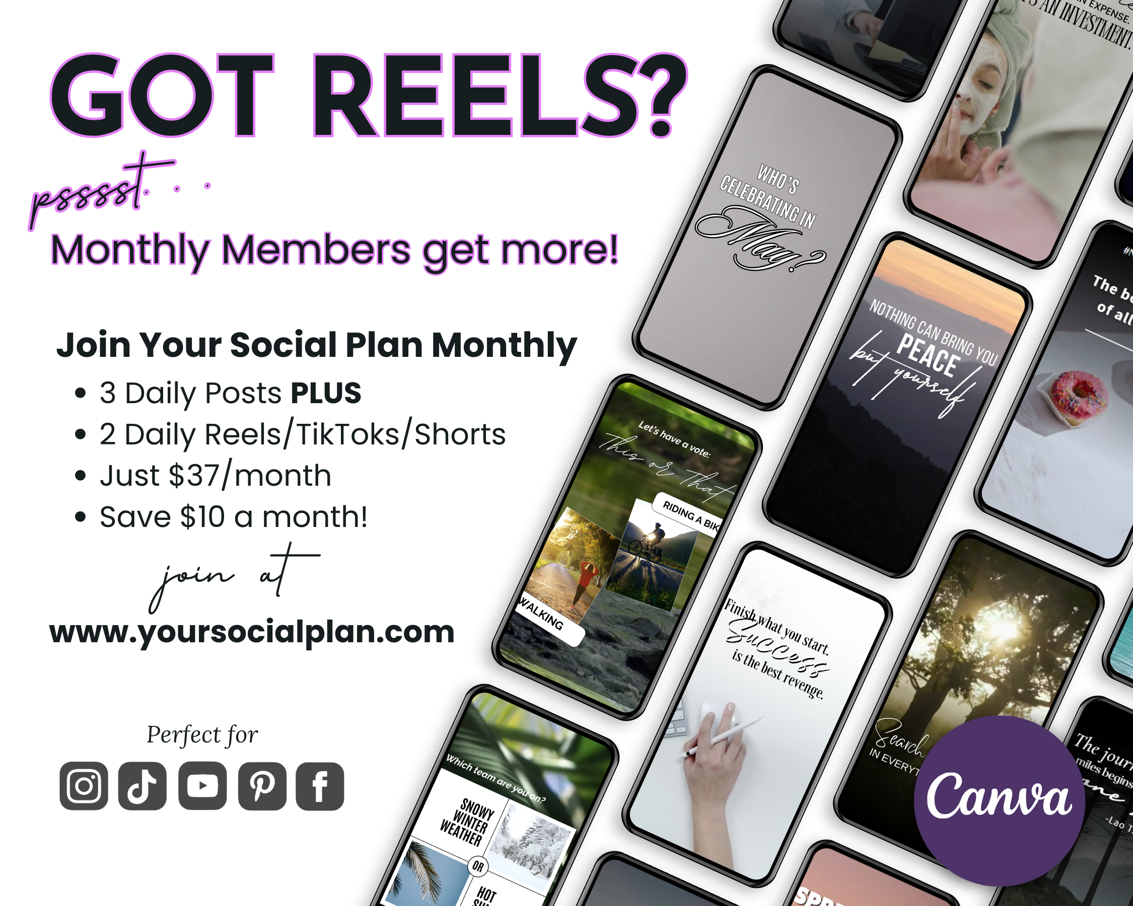 Promotional image for "May Daily Posting Plan" featuring membership benefits for social media content creation, including daily posting plans and smartphones displaying various posts, with the Get Socially Inclined logo in the corner.