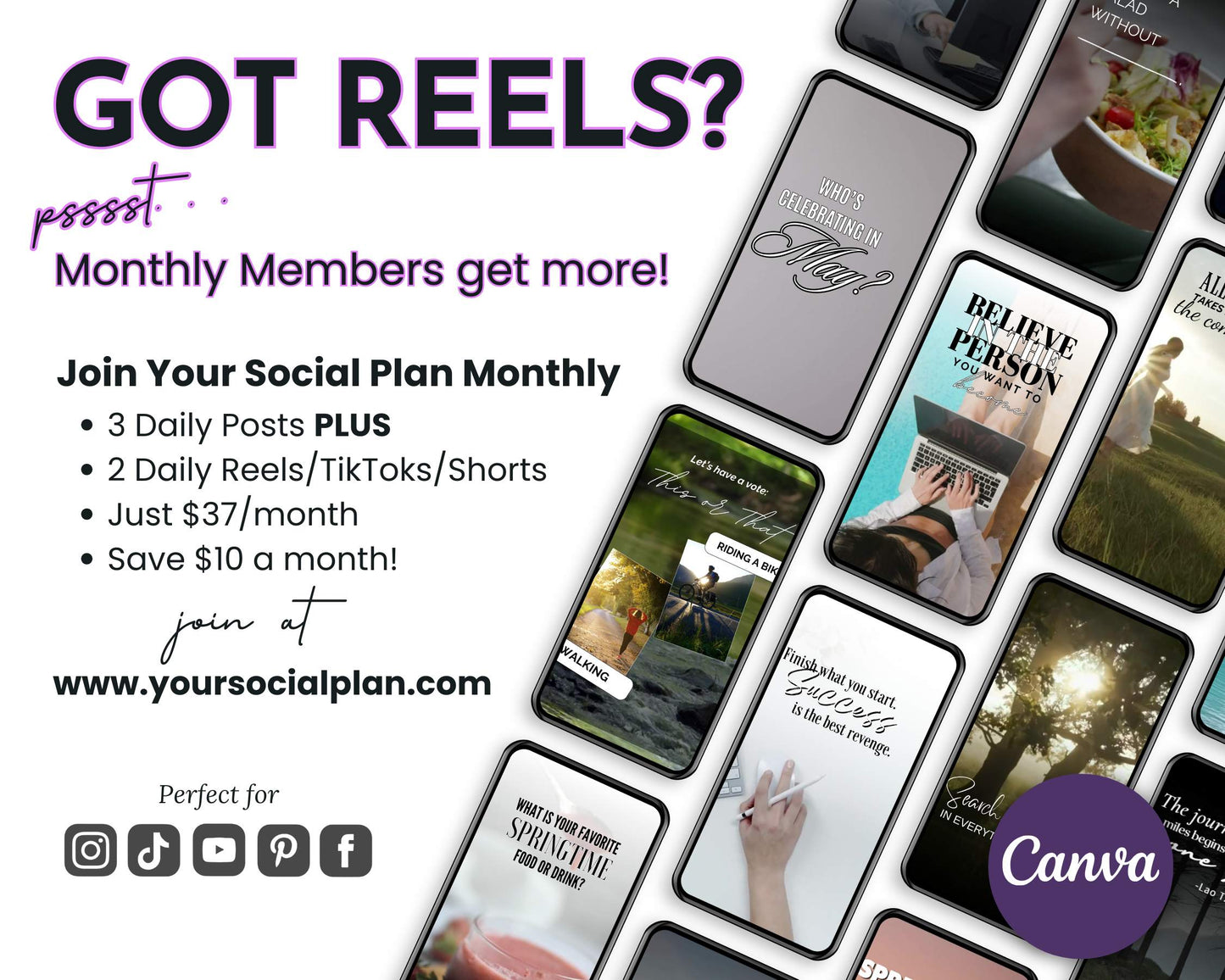 A collage of smartphone screens with motivational quotes and social media icons enhances engagement with the May Daily Posting Plan by Get Socially Inclined, perfectly fitting your monthly offering.
