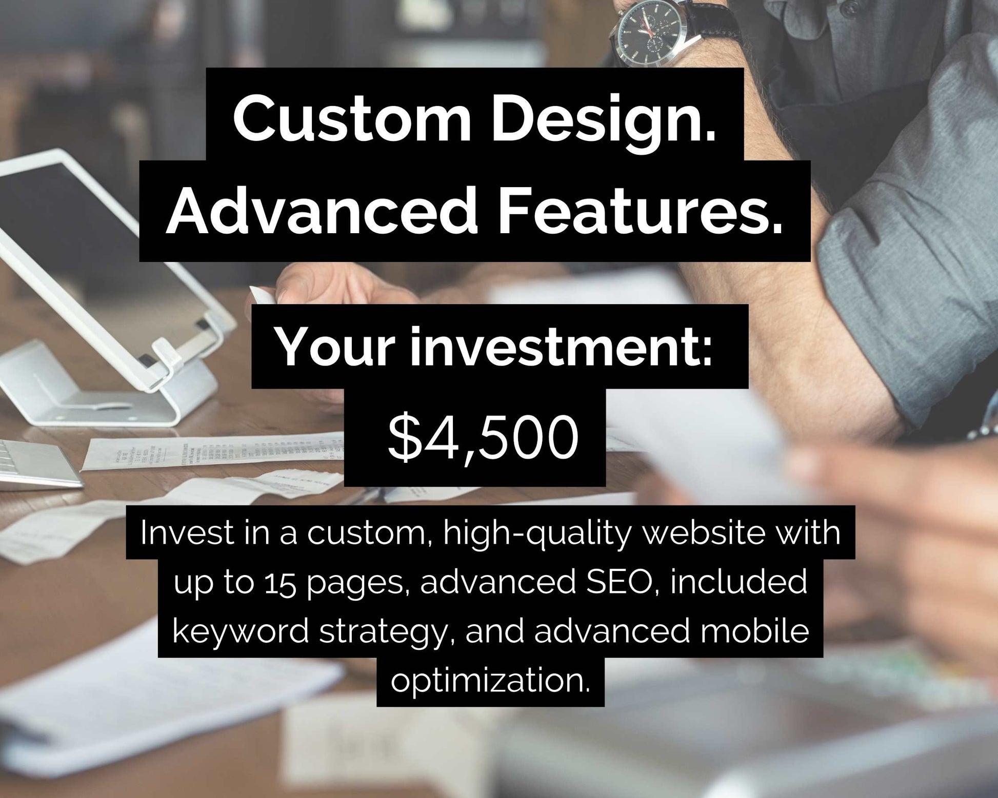 A close-up shot captures someone using a laptop at a desk. Overlaid text highlights Socially Inclined's Advanced Website Design Package, showcasing its mobile-friendly design and essential SEO fundamentals, all for an investment cost of $4,500.