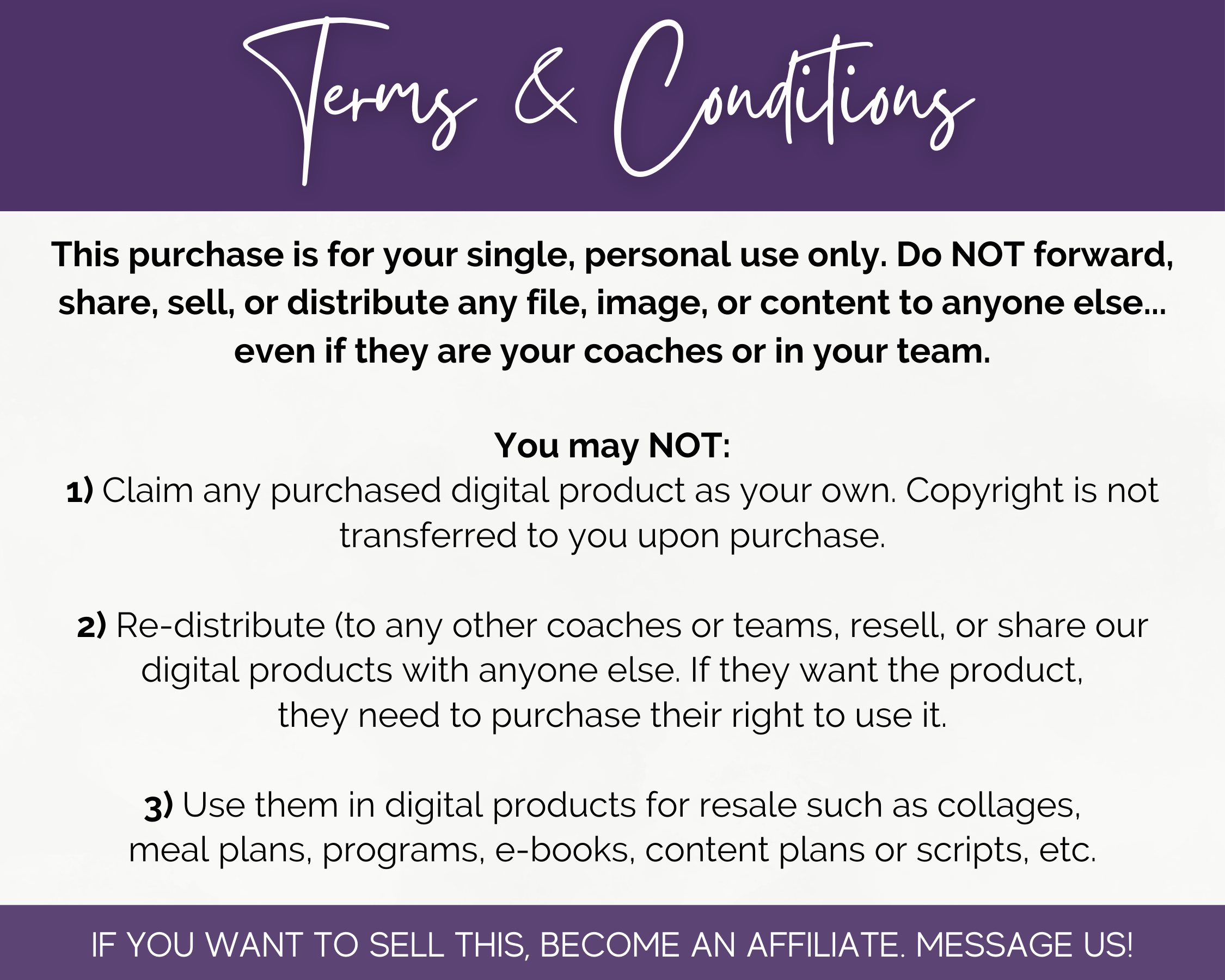 Text outlining terms and conditions of purchase for the May Daily Posting Plan - Your Social Plan by Get Socially Inclined, designed to boost engagement, highlighting restrictions on sharing, redistribution, and usage rights.