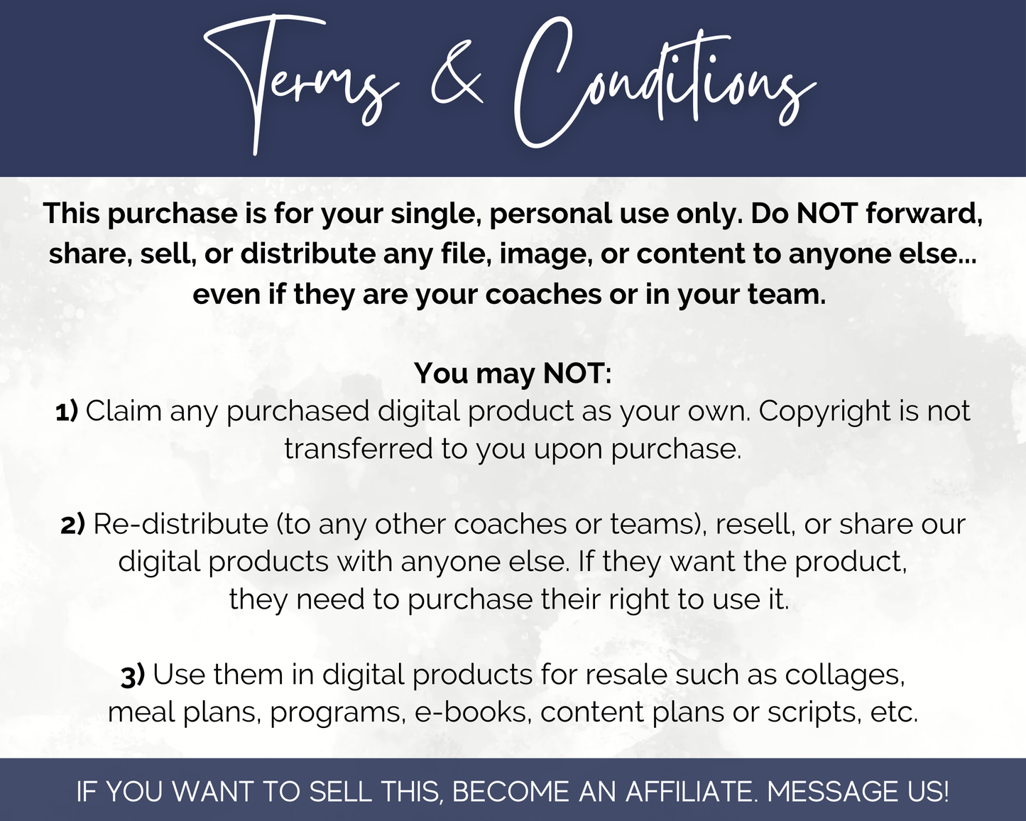 Image displaying "Terms & Conditions" for a digital product: "This purchase is for your single, personal use only. Do not forward, share, sell, or distribute any file, image, or content. Contact to become an affiliate and create creative book images for Book Lovers Social Media with the 400 Book & Author Social Media Post Bundle with Canva Templates by Socially Inclined.