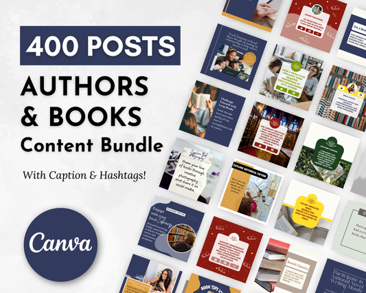 A promotional image for Socially Inclined's 400 Book & Author Social Media Post Bundle with Canva Templates, featuring various social media post templates related to books and authors. Perfect for book lovers' social media, it includes creative book images with ready-to-use captions and hashtags.