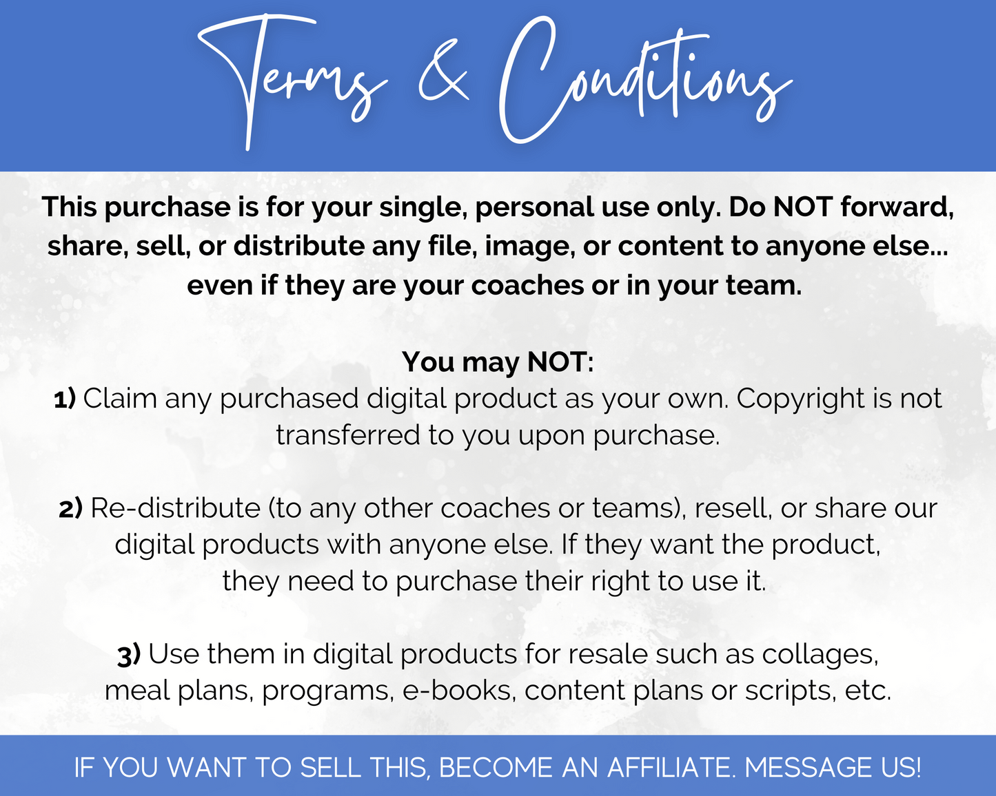 The terms and conditions for the purchase of a Entrepreneur Social Media Post Bundle with Canva Templates | 150 Images personal coaching package by Socially Inclined.