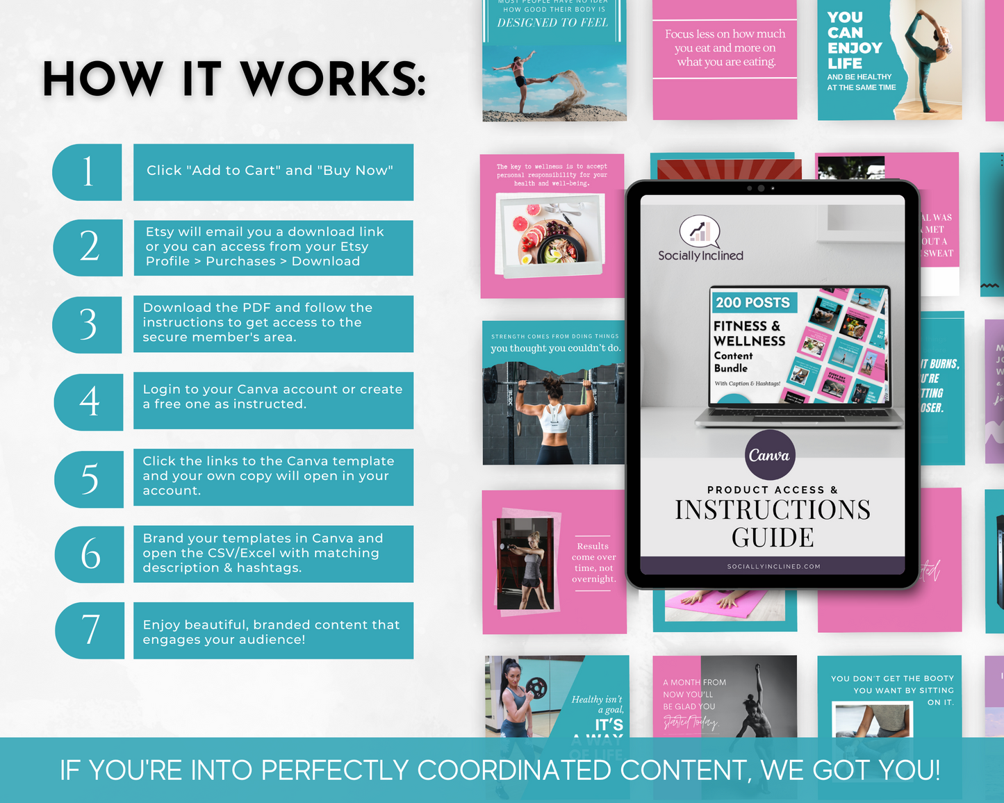 Socially Inclined's Fitness & Wellness Social Media Post Bundle with Canva Templates and health and fitness coaches come together to promote a healthy lifestyle.