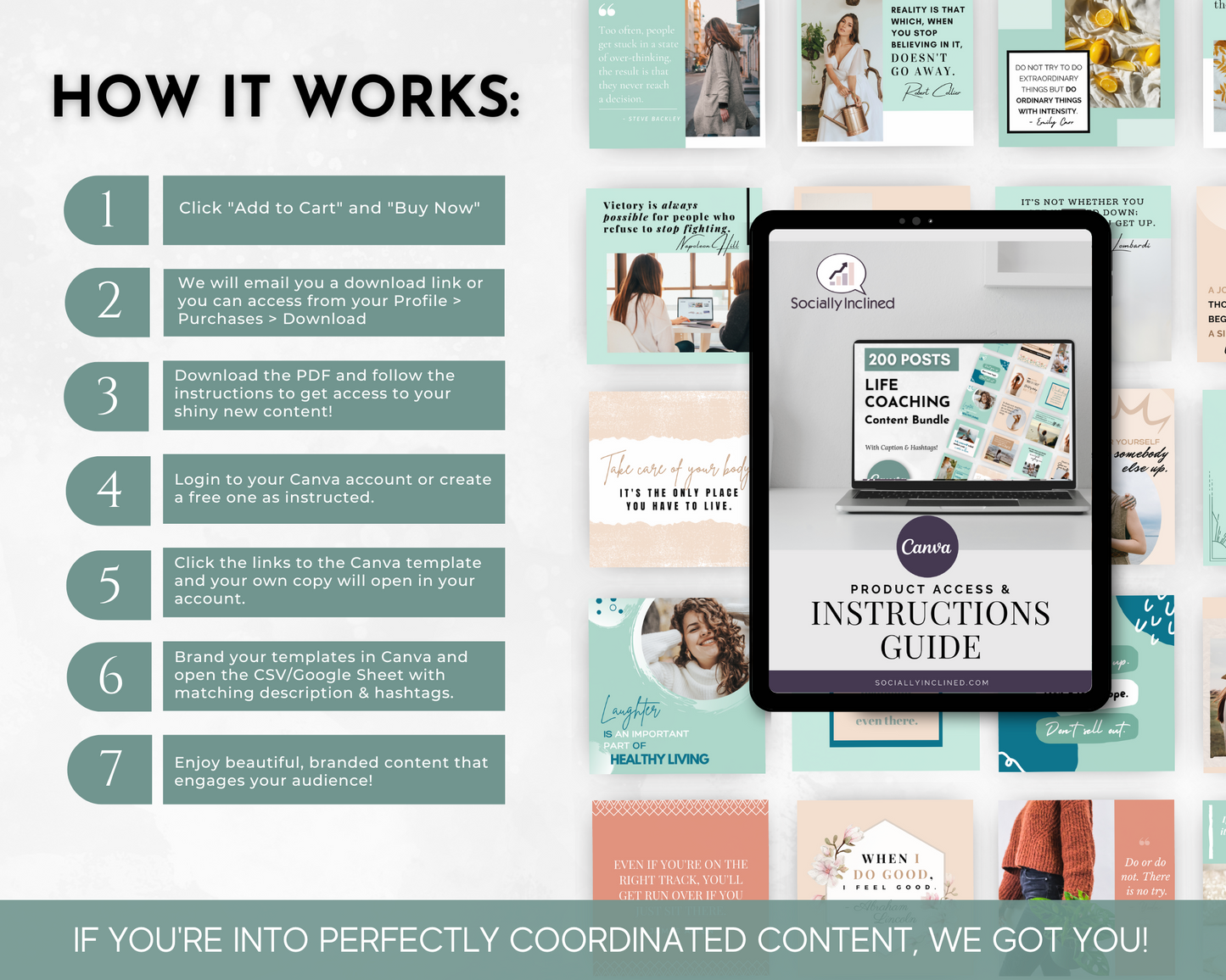 Promotional graphic showcasing a Life Coaching Social Media Post Bundle with Canva templates from Socially Inclined, including instructions for easy access and template customization for audience engagement in lifestyle changes.