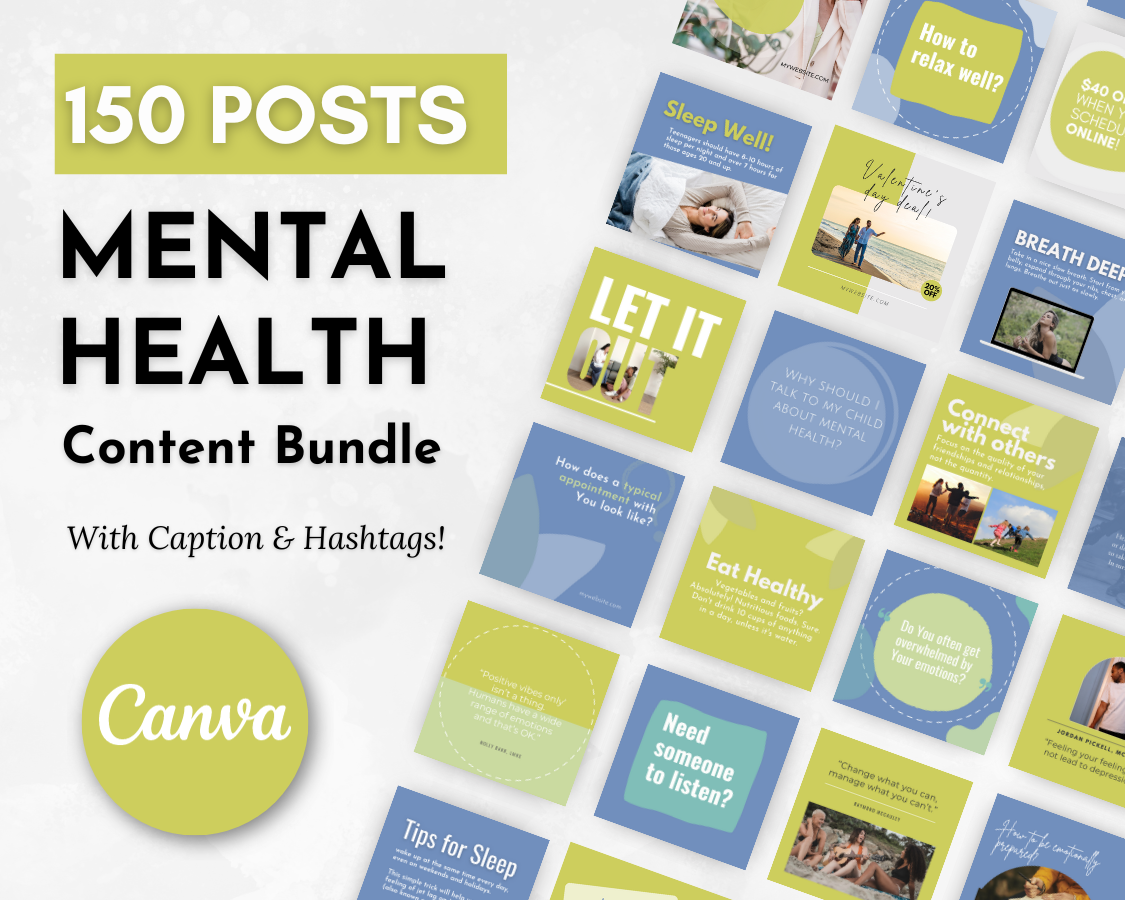 An image promoting a **Mental Health Social Media Post Bundle with Canva Templates** by **Socially Inclined** with 150 posts featuring expert tips, empowering quotes, captions, and hashtags, displayed as a grid of various social media post designs.