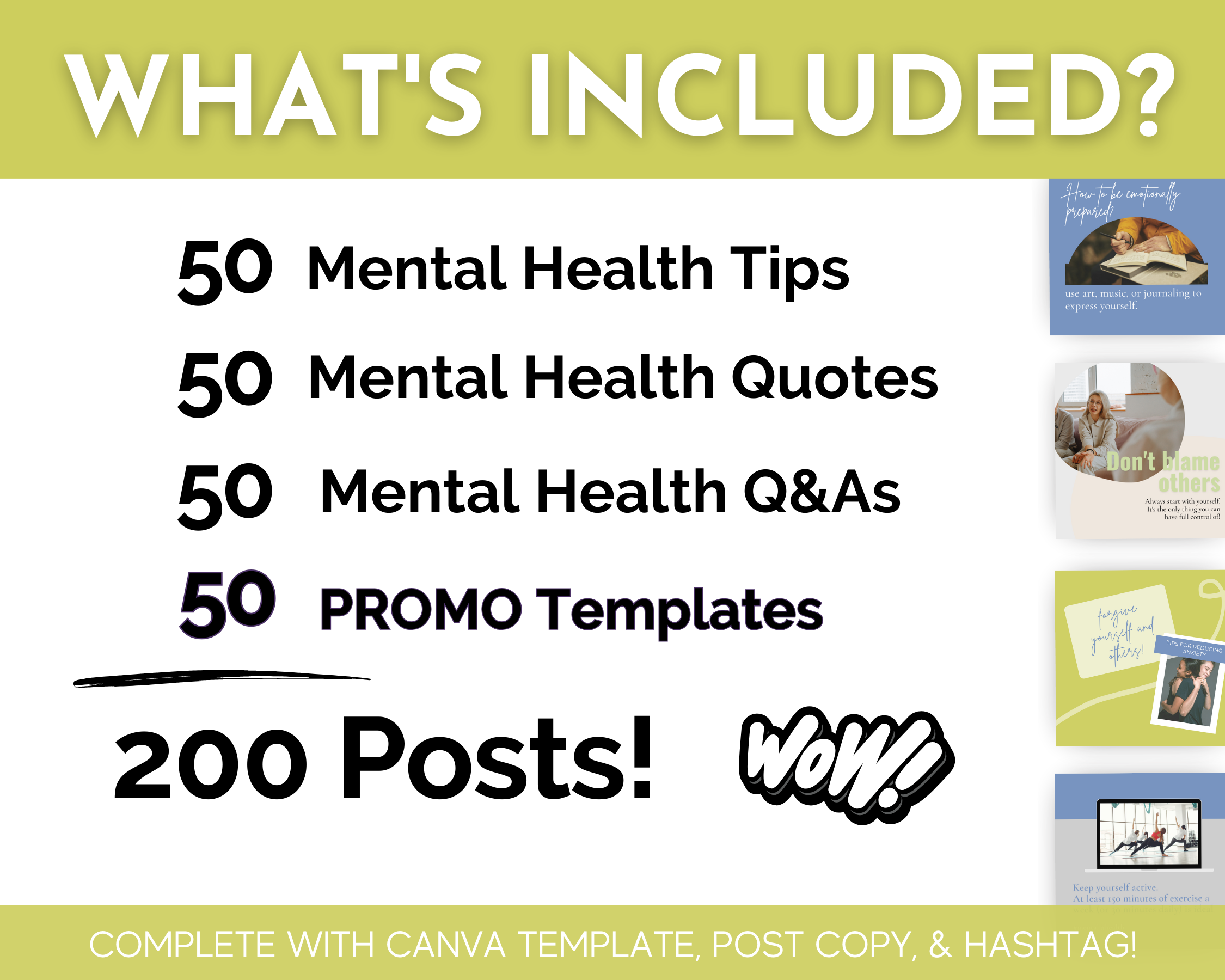 A poster featuring the phrase "what's included?" designed for Mental Health Professionals from Socially Inclined's Mental Health Social Media Post Bundle with Canva Templates.