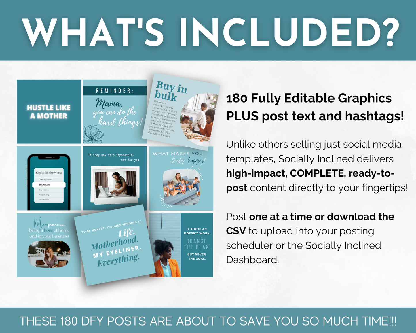 The Mompreneur Social Media Post Bundle with Canva Templates from Socially Inclined includes content and social media images.