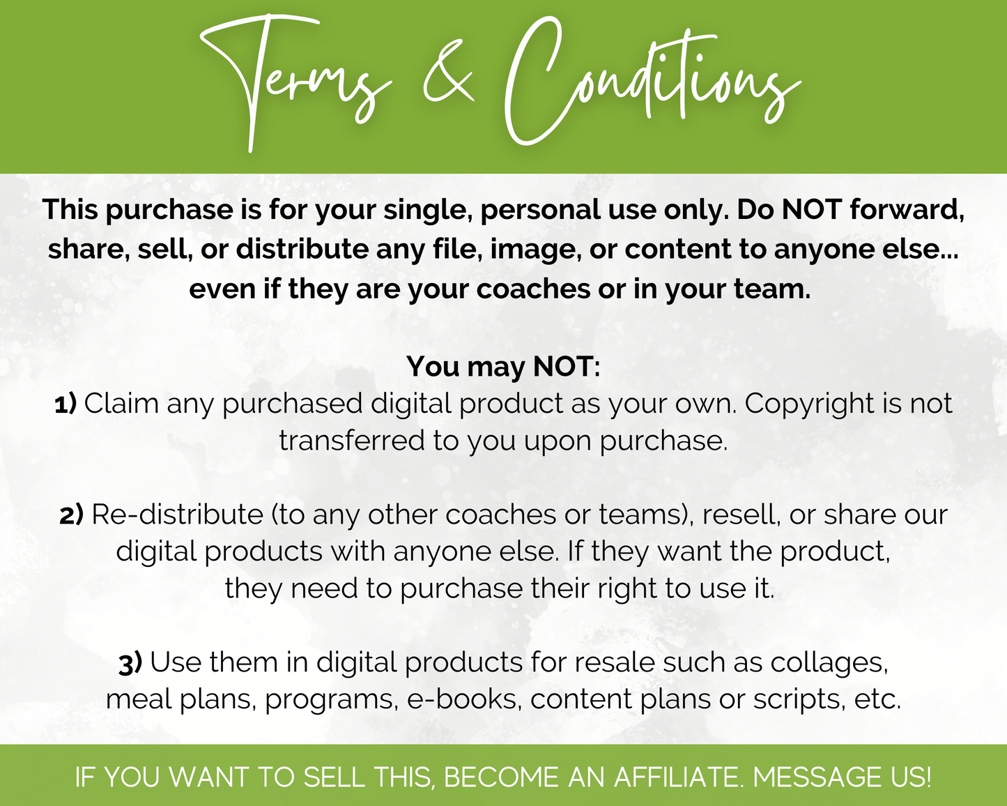 A flyer with Nutrition & Food Social Media Post Bundle | 500 Posts with Canva Templates terms and conditions from Socially Inclined.
