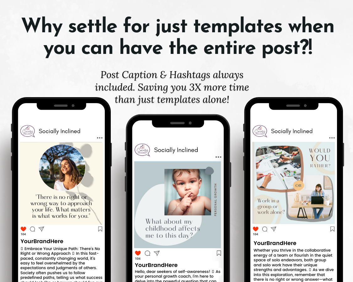 A screenshot of the Personal Growth Social Media Post Bundle with Canva Templates from Socially Inclined.