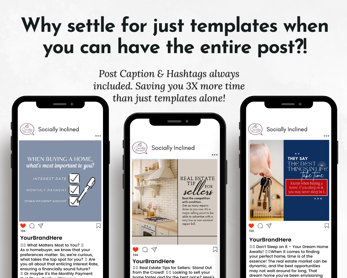 Four Real Estate Social Media 200 Post Bundle - With Canva Templates smartphones with the text why setters for just templates when you can have the entire post designed specifically for your real estate audience on social media.