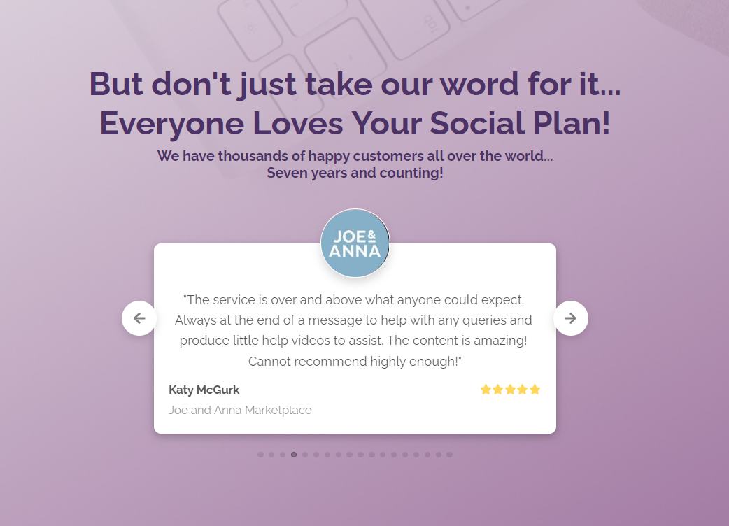 A website with a purple background and the words "Get Socially Inclined" Your Social Plan Content Membership for small biz owners.