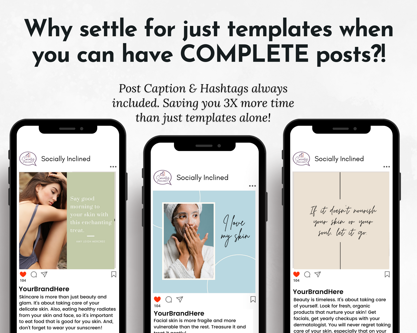 Four Skincare Social Media Post Bundle with Canva Templates from Socially Inclined smartphones with the text set for just beauty templates when you have complete post.