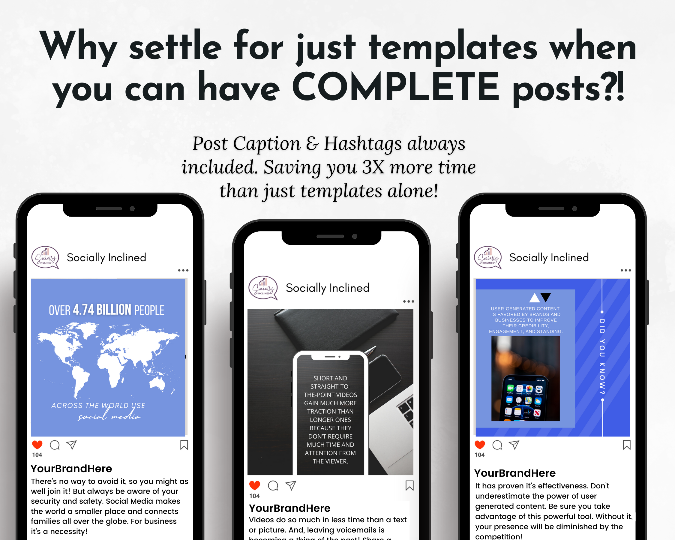 Four Socially Inclined smartphones showcasing complete Social Media Manager 200 Post Content Bundle with Canva Templates options.