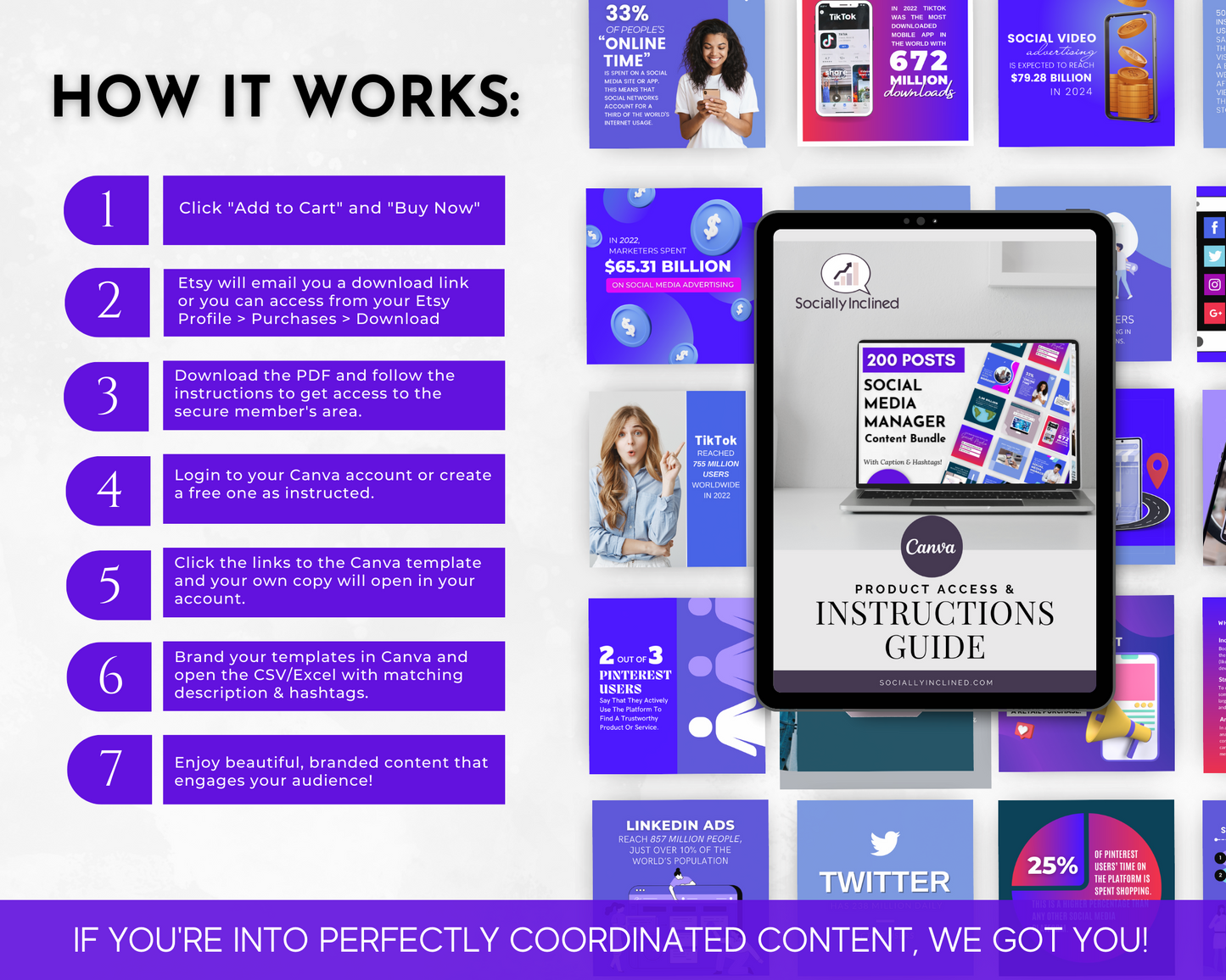 Instruction guide for social media managers on using Social Media Manager 200 Post Content Bundle with Canva Templates by Socially Inclined to create engaging social media content.