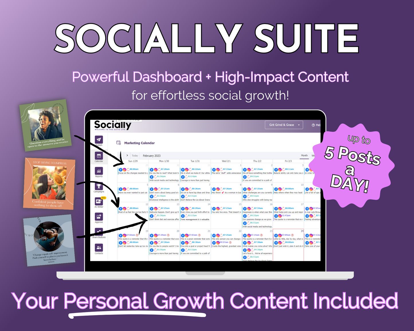 A Get Socially Inclined laptop for content management with integrated social media marketing capabilities, called the Socially Suite Membership.